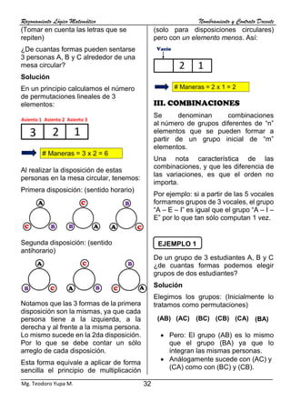 Razonamiento Lógico Matemático Nombramiento y Contrato Docente
32
Mg. Teodoro Yupa M.
(Tomar en cuenta las letras que se
repiten)
¿De cuantas formas pueden sentarse
3 personas A, B y C alrededor de una
mesa circular?
Solución
En un principio calculamos el número
de permutaciones lineales de 3
elementos:
Al realizar la disposición de estas
personas en la mesa circular, tenemos:
Primera disposición: (sentido horario)
Segunda disposición: (sentido
antihorario)
Notamos que las 3 formas de la primera
disposición son la mismas, ya que cada
persona tiene a la izquierda, a la
derecha y al frente a la misma persona.
Lo mismo sucede en la 2da disposición.
Por lo que se debe contar un sólo
arreglo de cada disposición.
Esta forma equivale a aplicar de forma
sencilla el principio de multiplicación
(solo para disposiciones circulares)
pero con un elemento menos. Así:
III. COMBINACIONES
Se denominan combinaciones
al número de grupos diferentes de “n”
elementos que se pueden formar a
partir de un grupo inicial de “m”
elementos.
Una nota característica de las
combinaciones, y que les diferencia de
las variaciones, es que el orden no
importa.
Por ejemplo: si a partir de las 5 vocales
formamos grupos de 3 vocales, el grupo
“A – E – I” es igual que el grupo “A – I –
E” por lo que tan sólo computan 1 vez.
De un grupo de 3 estudiantes A, B y C
¿de cuantas formas podemos elegir
grupos de dos estudiantes?
Solución
Elegimos los grupos: (Inicialmente lo
tratamos como permutaciones)
• Pero: El grupo (AB) es lo mismo
que el grupo (BA) ya que lo
integran las mismas personas.
• Análogamente sucede con (AC) y
(CA) como con (BC) y (CB).
EJEMPLO 1
 