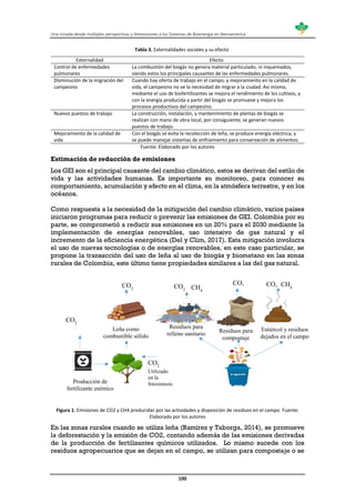 Una mirada desde múltiples perspectivas y dimensiones a los Sistemas de Bioenergía en Iberoamérica
100
Tabla 3. Externalidades sociales y su efecto
Externalidad Efecto
Control de enfermedades
pulmonares
La combustión del biogás no genera material particulado, ni inquemados,
siendo estos los principales causantes de las enfermedades pulmonares.
Disminución de la migración del
campesino
Cuando hay oferta de trabajo en el campo, y mejoramiento en la calidad de
vida, el campesino no ve la necesidad de migrar a la ciudad. Así mismo,
mediante el uso de biofertilizantes se mejora el rendimiento de los cultivos, y
con la energía producida a partir del biogás se promueve y mejora los
procesos productivos del campesino.
Nuevos puestos de trabajo La construcción, instalación, y mantenimiento de plantas de biogás se
realizan con mano de obra local, por consiguiente, se generan nuevos
puestos de trabajo.
Mejoramiento de la calidad de
vida
Con el biogás se evita la recolección de leña, se produce energía eléctrica, y
se puede manejar sistemas de enfriamiento para conservación de alimentos.
Fuente: Elaborado por los autores
Estimación de reducción de emisiones
Los GEI son el principal causante del cambio climático, estos se derivan del estilo de
vida y las actividades humanas. Es importante su monitoreo, para conocer su
comportamiento, acumulación y efecto en el clima, en la atmósfera terrestre, y en los
océanos.
Como respuesta a la necesidad de la mitigación del cambio climático, varios países
iniciaron programas para reducir o prevenir las emisiones de GEI. Colombia por su
parte, se comprometió a reducir sus emisiones en un 20% para el 2030 mediante la
implementación de energías renovables, uso intensivo de gas natural y el
incremento de la eficiencia energética (Del y Clim, 2017). Esta mitigación involucra
el uso de nuevas tecnologías o de energías renovables, en este caso particular, se
propone la transacción del uso de leña al uso de biogás y biometano en las zonas
rurales de Colombia, este último tiene propiedades similares a las del gas natural.
Figura 1. Emisiones de CO2 y CH4 producidas por las actividades y disposición de residuos en el campo. Fuente:
Elaborado por los autores
En las zonas rurales cuando se utiliza leña (Ramírez y Taborga, 2014), se promueve
la deforestación y la emisión de CO2, contando además de las emisiones derivadas
de la producción de fertilizantes químicos utilizados. Lo mismo sucede con los
residuos agropecuarios que se dejan en el campo, se utilizan para compostaje o se
CO2
CO2
Leña como
combustible sólido
Residuos para
relleno sanitario Residuos para
compostaje
CO2 CH4
CO2
Estiércol y residuos
dejados en el campo
CO2 CH4
Producción de
fertilizante químico
CO2
Utilizado
en la
fotosíntesis
 