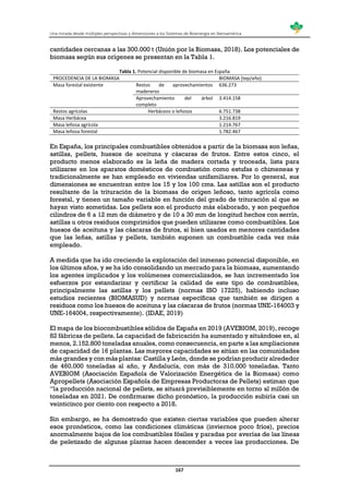 Una mirada desde múltiples perspectivas y dimensiones a los Sistemas de Bioenergía en Iberoamérica
167
cantidades cercanas a las 300.000 t (Unión por la Biomasa, 2018). Los potenciales de
biomasa según sus orígenes se presentan en la Tabla 1.
Tabla 1. Potencial disponible de biomasa en España
PROCEDENCIA DE LA BIOMASA BIOMASA (tep/año)
Masa forestal existente Restos de aprovechamientos
madereros
636.273
Aprovechamiento del árbol
completo
3.414.158
Restos agrícolas Herbáceos o leñosos 6.751.738
Masa Herbácea 3.216.819
Masa leñosa agrícola 1.214.767
Masa leñosa forestal 1.782.467
En España, los principales combustibles obtenidos a partir de la biomasa son leñas,
astillas, pellets, huesos de aceituna y cáscaras de frutos. Entre estos cinco, el
producto menos elaborado es la leña de madera cortada y troceada, lista para
utilizarse en los aparatos domésticos de combustión como estufas o chimeneas y
tradicionalmente se han empleado en viviendas unifamiliares. Por lo general, sus
dimensiones se encuentran entre los 15 y los 100 cms. Las astillas son el producto
resultante de la trituración de la biomasa de origen leñoso, tanto agrícola como
forestal, y tienen un tamaño variable en función del grado de trituración al que se
hayan visto sometidas. Los pellets son el producto más elaborado, y son pequeños
cilindros de 6 a 12 mm de diámetro y de 10 a 30 mm de longitud hechos con serrín,
astillas u otros residuos comprimidos que pueden utilizarse como combustibles. Los
huesos de aceituna y las cáscaras de frutos, si bien usados en menores cantidades
que las leñas, astillas y pellets, también suponen un combustible cada vez más
empleado.
A medida que ha ido creciendo la explotación del inmenso potencial disponible, en
los últimos años, y se ha ido consolidando un mercado para la biomasa, aumentando
los agentes implicados y los volúmenes comercializados, se han incrementado los
esfuerzos por estandarizar y certificar la calidad de este tipo de combustibles,
principalmente las astillas y los pellets (normas ISO 17225), habiendo incluso
estudios recientes (BIOMASUD) y normas específicas que también se dirigen a
residuos como los huesos de aceituna y las cáscaras de frutos (normas UNE-164003 y
UNE-164004, respectivamente). (IDAE, 2019)
El mapa de los biocombustibles sólidos de España en 2019 (AVEBIOM, 2019), recoge
82 fábricas de pellets. La capacidad de fabricación ha aumentado y situándose en, al
menos, 2.152.800 toneladas anuales, como consecuencia, en parte a las ampliaciones
de capacidad de 16 plantas. Las mayores capacidades se sitúan en las comunidades
más grandes y con más plantas: Castilla y León, donde se podrían producir alrededor
de 460.000 toneladas al año, y Andalucía, con más de 310.000 toneladas. Tanto
AVEBIOM (Asociación Española de Valorización Energética de la Biomasa) como
Apropellets (Asociación Española de Empresas Productoras de Pellets) estiman que
“la producción nacional de pellets, se situará previsiblemente en torno al millón de
toneladas en 2021. De confirmarse dicho pronóstico, la producción subiría casi un
veinticinco por ciento con respecto a 2018.
Sin embargo, se ha demostrado que existen ciertas variables que pueden alterar
esos pronósticos, como las condiciones climáticas (inviernos poco fríos), precios
anormalmente bajos de los combustibles fósiles y paradas por averías de las líneas
de peletizado de algunas plantas hacen descender a veces las producciones. De
 