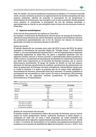 Una mirada desde múltiples perspectivas y dimensiones a los Sistemas de Bioenergía en Iberoamérica
209
Ante tal cambio, las nuevas tendencias económicas mundiales y el creciente mercado
verde, se hace necesario promover la implementación de fuentes energéticas de bajo
impacto ambiental, además de entender la percepción de los productores y
demandantes de biomasa para uso energético, por lo que el presente estudio propuso
como objetivo el caracterizar la percepción de uso de residuos forestales y
agroindustriales en vías de un uso energético bajo el marco de una economía verde en
Costa Rica.
2. Aspectos metodológicos
Colección de datos generales de residuos en Costa Rica
Se consultó a la Secretaría de Planificación del sub sector de energía de Costa Rica,
además de los productores de cultivos forestales, agrícolas y de las distintas cámaras
de productores agroindustriales con el fin de conocer los valores de biomasa
generados; los datos se colectaron durante el año 2019.
Sujetos de estudio
El estudio desarrolló una encuesta entre junio del 2018 y enero del 2019. Se aplicó
mediante la herramienta de encuesta digital de “Google forms” a 202 personas
(Tabla 1), con una intensidad del muestreo del 4 % de las organizaciones y empresas
registradas legalmente en Costa Rica. Se aplicó a empresas forestales (con las
especies Gmelina arborea y Tectona grandis) y agroindutriales (Elaeis guineensis y
Coffea arabica). La selección de las personas encuestadas se realizó bajo la limitante
que debía tener experiencia en el mercado de biomasa nacional, por lo cual se
seleccionaron previamente. El grupo de estudio se dividió en tres sub grupos:
oferentes de biomasa (productores de residuos o productores de plantaciones con
fines de generación de biomasa con fines energéticos), intermediarios (grupo que
re vende la biomasa o le aplica un proceso que da un mayor valor agregado) y
demandantes de biomasa (consumidor final de la biomasa). El estudio consideró la
participación de encuestados en todo el país. En total se encuestaron 202 personas
procedentes de los siguientes sectores productivos: 77 productores, 55
intermediarios y 70 demandantes.
Tabla 1. Características de la muestra de personas entrevistadas dentro del estudio de percepción del Mercado de la
biomasa en Costa Rica.
Variable Frecuencia Porcentaje
Género
Hombres 124 61.39
Mujeres 78 38.61
Edad
20-35 61 29.76
35-50 101 50.00
50-65 40 20.24
Estudios realizados
Secundaria incompleta 11 5.44
Secundaria completa 12 5.94
Universitaria incompleta 21 10.41
Universitaria completa 158 78.21
Análisis de conocimiento del mercado
El estudio analizó el conocimiento básico del mercado de biomasa, para lo cual se
enfocó en cuatro perspectivas: técnica, ambiental, financiera y social (Figura 1),
realizando en cada una, de cinco a siete preguntas, las cuales buscaban una
cuantificación de la respuesta; implementando una escala numérica del 1 al 5, siendo
el valor 1 el mínimo de conocimiento y 5 el máximo (las preguntas previamente se
analizaron con la prueba de fiabilidad de Alpha de Cronbach, con un α= 0,871). Con
 