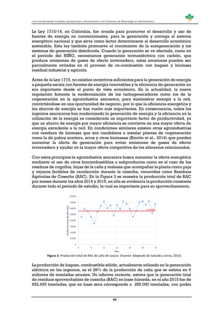 Una mirada desde múltiples perspectivas y dimensiones a los Sistemas de Bioenergía en Iberoamérica
94
La Ley 1715/14, en Colombia, fue creada para promover el desarrollo y uso de
fuentes de energía no convencionales, para la generación y entrega al sistema
energético nacional y que sirva como factor determinante al desarrollo económico
sostenible. Esta ley también promueve el crecimiento de la autogeneración y los
sistemas de generación distribuida. Cuando la generación se ve afectada, como en
el período del NIÑO, necesitamos generación termoeléctrica con carbón, que
produce emisiones de gases de efecto invernadero, estas emisiones pueden ser
parcialmente evitadas en el proceso de co-combustión con bagazo y biomasa
residual industrial y agrícola.
Antes de la Ley 1715, no existían incentivos suficientes para la generación de energía
a pequeña escala con fuentes de energía renovables y la eficiencia de generación no
era importante desde el punto de vista económico. En la actualidad, la nueva
regulación fomenta la modernización de los turbogeneradores como los de la
cogeneración en la agroindustria azucarera, para suministrar energía a la red,
convirtiéndose en una oportunidad de negocio, por lo que la eficiencia energética y
los ahorros de energía se han vuelto más importantes. En consecuencia, todos los
ingenios azucareros han modernizado la generación de energía y la eficiencia en la
utilización de la energía es considerada un importante factor de productividad, ya
que un ahorro de energía por mayor eficiencia se convierte en una mayor oferta de
energía excedente a la red. En condiciones similares existen otras agroindustrias
con residuos de biomasa que son candidatos a instalar plantas de cogeneración
como la de palma aceitera, arroz y otras biomasas (Rincón et al., 2014) que pueden
aumentar la oferta de generación para evitar emisiones de gases de efecto
invernadero y ayudar en la mayor oferta competitiva de los alimentos relacionados.
Con estos principios la agroindustria azucarera busca aumentar la oferta energética
mediante el uso de otros biocombustibles o subproductos como es el caso de los
residuos de cogollos, hojas de la caña y malezas que acompañan la planta como paja
y vejucos factibles de recolección durante la cosecha, conocidos como Residuos
Agrícolas de Cosecha (RAC). En la Figura 3 se muestra la producción total de RAC
por meses durante los años 2014 y 2015, en ella se evidencia la producción constante
durante todo el periodo de estudio, lo cual es importante para su aprovechamiento.
Figura 3. Producción total de RAC de caña de azúcar. (Fuente: Adaptado de Salcedo y otros, 2015)
La producción de bagazo, combustible sólido, actualmente utilizado en la generación
eléctrica en los ingenios, es el 28% de la producción de caña que se estima en 6
millones de toneladas anuales. Un informe reciente, estima que la generación total
de residuos aprovechables de cosecha (RAC) en base húmeda, en el año 2015 fue de
952.450 toneladas, que en base seca corresponde a 285.000 toneladas, con poder
 