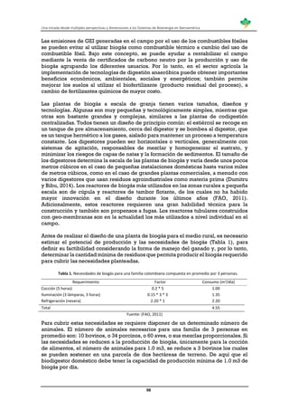 Una mirada desde múltiples perspectivas y dimensiones a los Sistemas de Bioenergía en Iberoamérica
98
Las emisiones de GEI generadas en el campo por el uso de los combustibles fósiles
se pueden evitar al utilizar biogás como combustible térmico a cambio del uso de
combustible fósil. Bajo este concepto, se puede ayudar a rentabilizar el campo
mediante la venta de certificados de carbono neutro por la producción y uso de
biogás agrupando los diferentes usuarios. Por lo tanto, en el sector agrícola la
implementación de tecnologías de digestión anaeróbica puede obtener importantes
beneficios económicos, ambientales, sociales y energéticos; también permite
mejorar los suelos al utilizar el biofertilizante (producto residual del proceso), a
cambio de fertilizantes químicos de mayor costo.
Las plantas de biogás a escala de granja tienen varios tamaños, diseños y
tecnologías. Algunas son muy pequeñas y tecnológicamente simples, mientras que
otras son bastante grandes y complejas, similares a las plantas de codigestión
centralizadas. Todos tienen un diseño de principio común: el estiércol se recoge en
un tanque de pre almacenamiento, cerca del digestor y se bombea al digestor, que
es un tanque hermético a los gases, aislado para mantener un proceso a temperatura
constante. Los digestores pueden ser horizontales o verticales, generalmente con
sistemas de agitación, responsables de mezclar y homogeneizar el sustrato, y
minimizar los riesgos de capas de natas y la formación de sedimentos. El tamaño de
los digestores determina la escala de las plantas de biogás y varía desde unos pocos
metros cúbicos en el caso de pequeñas instalaciones domésticas hasta varios miles
de metros cúbicos, como en el caso de grandes plantas comerciales, a menudo con
varios digestores que usan residuos agroindustriales como materia prima (Dumitru
y Bibu, 2014). Los reactores de biogás más utilizados en las zonas rurales a pequeña
escala son de cúpula y reactores de tambor flotante, de los cuales no ha habido
mayor innovación en el diseño durante los últimos años (FAO, 2011).
Adicionalmente, estos reactores requieren una gran habilidad técnica para la
construcción y también son propensos a fugas. Los reactores tubulares construidos
con geo-membranas son en la actualidad los más utilizados a nivel individual en el
campo.
Antes de realizar el diseño de una planta de biogás para el medio rural, es necesario
estimar el potencial de producción y las necesidades de biogás (Tabla 1), para
definir su factibilidad considerando la forma de manejo del ganado y, por lo tanto,
determinar la cantidad mínima de residuos que permita producir el biogás requerido
para cubrir las necesidades planteadas.
Tabla 1. Necesidades de biogás para una familia colombiana compuesta en promedio por 3 personas.
Requerimiento Factor Consumo (m3/día)
Cocción (5 horas) 0.2 * 5 1.00
Iluminación (3 lámparas, 3 horas) 0.15 * 3 * 3 1.35
Refrigeración (nevera) 2.20 * 1 2.20
Total 4.55
Fuente: (FAO, 2011)
Para cubrir estas necesidades se requiere disponer de un determinado número de
animales. El número de animales necesarios para una familia de 3 personas en
promedio son: 10 bovinos, o 34 porcinos, o 60 aves, o sus mezclas proporcionales. Si
las necesidades se reducen a la producción de biogás, únicamente para la cocción
de alimentos, el número de animales para 1.0 m3, se reduce a 3 bovinos los cuales
se pueden sostener en una parcela de dos hectáreas de terreno. De aquí que el
biodigestor doméstico debe tener la capacidad de producción mínima de 1.0 m3 de
biogás por día.
 
