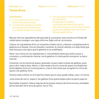 Dificultad: fácil               Reposo: 3-4 h. nevera            Elaboración: 20 min

Tarta Oreo

Ingredientes                                C: 250 g de queso crema, suavizado
A: 110 g de galletas Oreo sin crema            45 ml de leche
   40 g de mantequilla fundida                 50 g de azúcar en polvo
B: 3 cucharadas de agua hirviendo              1 cucharada de extracto de vainilla
   10 ml de zumo de limón fresco               250 ml de nata para montar (batir antes)
   1 cucharada de gelatina en polvo            12 piezas de galletas Oreo sin crema
                                               Polvo de galleta Oreo

Mezclar bien los ingredientes del apartado A y presionar esta mezcla en el fondo del
molde hasta conseguir una capa uniforme. Dejar enfriar 30 minutos.

Colocar los ingredientes B en un recipiente al baño maría, y disolver completamente la
gelatina en el líquido. Una vez disuelto, mantener la mezcla caliente a un lado hasta que
esté lista para usar (para que la gelatina no se solidifique).

Hacer una crema con los ingredientes C, mezclándolos hasta que estén suaves y
cremosos, a continuación mezclar con la gelatina. A continuación incorporar la nata y
mezclar.

Comenzar con la mezcla de queso, poniendo un poco sobre la base de galletas, justo
para cubrir toda la base. Ahora, ir alternando entre la crema de queso y la dispersión
de las galletas Oreo en trozos gruesos, y hacer ésto hasta que se agoten la crema de
queso y las galletas Oreo.

Ponerlo todo a enfriar en el frigorífico hasta que la masa quede sólida, unas 3 ó 4 horas.

Justo antes de servir, esparcir las galletas Oreo pulverizadas sobre la parte superior.

Desmoldar el pastel. Colocar algunas de las piezas enteras de Oreo encima y alrededor
de los laterales de la tarta de queso. Servir frío.




26 - Big Food
 