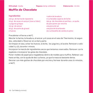 Dificultad: media                 Reposo: temp. ambiente          Elaboración: 35 min

Muffin de Chocolate

Ingredientes                                 1 sobre de levadura
230 gr. de harina de repostería              4 cucharadas soperas de leche
50 gr. de cacao sin azúcar (marca Valor)     100 gr. de chocolate en perlitas + un puña-
2 yogures griegos                            do para poner por encima
150 gr. de azúcar                            una pizca de sal
80 gr. de aceite de girasol                  una piza de bicarbonato
2 huevos                                     1/2 cucharadita de canela en polvo

Precalentar el horno a 180ºC.
Mezclar la harina, la levadura, el azúcar y el cacao en el vaso de Thermomix, 10 segun-
dos, velocidad 6. Reservar en un bol a parte.
Sin limpiar el vaso, echar los huevos, la leche, los yogures y el aceite. Remover a velo-
cidad 3 y 1/2, durante 1 minuto.
Incorporar la mezcla de ingredientes secos que teniamos reservados. Remover con la
espátula e incorporar las gotas de chocolate.
Poner moldes de papel para magdalenas dentro de moldes para muffins. Rellenar casi
hasta arriba, con la ayuda de dos cucharas, ya que la masa es bastante densa.
Decorar con más gotitas de chocolate por encima y hornear durante unos 25 minutos,
a 180ºC




32 - Con Faldas (y a lo loco)
 