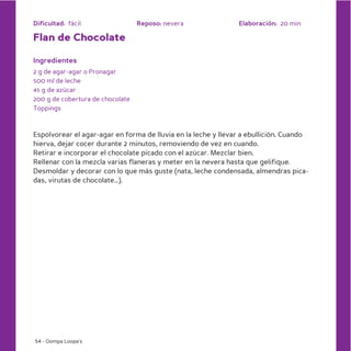 Dificultad: fácil                 Reposo: nevera               Elaboración: 20 min

Flan de Chocolate

Ingredientes
2 g de agar-agar o Pronagar
500 ml de leche
45 g de azúcar
200 g de cobertura de chocolate
Toppings



Espolvorear el agar-agar en forma de lluvia en la leche y llevar a ebullición. Cuando
hierva, dejar cocer durante 2 minutos, removiendo de vez en cuando.
Retirar e incorporar el chocolate picado con el azúcar. Mezclar bien.
Rellenar con la mezcla varias flaneras y meter en la nevera hasta que gelifique.
Desmoldar y decorar con lo que más guste (nata, leche condensada, almendras pica-
das, virutas de chocolate…).




54 - Oompa Loopa’s
 