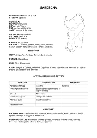 SARDEGNA
POSIZIONE GEOGRAFICA: Sud
STATUTO: Speciale
CONFINA A:
NORD con mar Ligure
EST con mar Tirreno
SUD con mar Mediterraneo
OVEST con mar di Sardegna
SUPERFICIE: 24.100 kmq
ABITANTI: 1.640.379
DENSITA’ 68 ab/kmq
CAPOLUOGO: Cagliari
PROVINCE: Carbonia, Iglesias, Nuoro, Olbia, Oristano,
Sanluri, Sassari, Tempio Pausania, Tortolì e Villacidro.
TERRITORIO
MONTI: Urtigu, Acri, Perdedu, Tonneri, Santa Vittoria
PIANURE: Campidano
FIUMI: Tirso, Flumendosa
LAGHI: Stagno di Cabras, Omodeo, Coghinas. L'unico lago naturale dell'Isola è il lago di
Baratz, gli altri sono tutti artificiali
ATTIVITA’ ECONOMICHE: SETTORI
PRIMARIO SECONDARIO TERZIARIO
Agricoltura: Ortaggi Industrie: Turismo
Frutta Agrumi Mandorle dell’artigianato (produzione di
tappeti e cesti)
Olivi Viti Alimentare
Querce da sughero Energia idroelettrica
Allevano: Ovini industria estrattiva
Pesca del tonno
CURIOSITA’
PRODOTTI TIPICI: Pecorino Sardo, Pardulas, Prosciutto di Pecora, Pane Carasau, Carciofo
spinoso, Bottarga di Muggine e Maloreddus
PERSONAGGI ILLUSTRI: Antonio Gramsci (politico, filosofo), Salvatore Satta (scrittore),
Sebastiano Satta (poeta) e Enrico Berlinguer (politico)
	
	
 