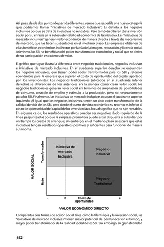 152
Así pues, desde dos puntos de partida diferentes, vemos que se perfila una nueva categoría
que podríamos llamar “iniciativas de mercado inclusivas”. Es distinta a los negocios
inclusivos porque se trata de iniciativas no rentables. Pero también difieren de la inversión
social por su énfasis en la autosustentabilidad económica de la iniciativa. Las“iniciativas de
mercado inclusivas”generan valor económico de manera directa a través de mecanismos
de mercado, que las hacen sustentables en el mediano plazo. Las empresas obtienen de
ellas beneficios económicos indirectos por la vía de la imagen, reputación, y licencia social.
Asimismo, los SBI se benefician del poder transformador económico y social que se deriva
de su participación en cadenas de valor.
El gráfico que sigue ilustra la diferencia entre negocios tradicionales, negocios inclusivos
e iniciativas de mercado inclusivas. En el cuadrante superior derecho se encuentran
los negocios inclusivos, que tienen poder social transformador para los SBI y retornos
económicos para la empresa que superan el costo de oportunidad del capital aportado
por los inversionistas. Los negocios tradicionales (ubicados en el cuadrante inferior
derecho) se diferencian de los anteriores en la manera como crean valor social: los
negocios tradicionales generan valor social en términos de ampliación de posibilidades
de consumo, creación de empleo y estímulo a la producción, pero no necesariamente
para los SBI. Finalmente, las iniciativas de mercado inclusivas ocupan el cuadrante superior
izquierdo. Al igual que los negocios inclusivos tienen un alto poder transformador de la
calidad de vida de los SBI, pero desde el punto de vista económico su retorno es inferior al
costodeoportunidaddelcapitaldelosinversionistas,locualsignificaquenosonrentables.
En algunos casos, los resultados operativos pueden ser negativos (lado izquierdo de la
línea pespunteada) porque la empresa promotora puede estar dispuesta a subsidiar por
un tiempo los costos de arranque; sin embargo, en el mediano plazo se espera que estas
iniciativas tengan resultados operativos positivos y suficientes para funcionar de manera
autónoma.
Comparadas con formas de acción social tales como la filantropía y la inversión social, las
“iniciativas de mercado inclusivas”tienen mayor potencial de permanecer en el tiempo, y
mayor poder transformador de la realidad social de los SBI. Sin embargo, su gran debilidad
 