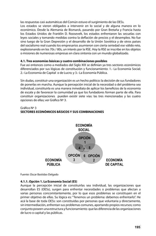 195
las respuestas casi automáticas del Común estuvo el surgimiento de las OESs.
Los estados se vieron obligados a intervenir en lo social y de alguna manera en lo
económico. Desde la Alemania de Bismarck, pasando por Gran Bretaña y Francia hasta
los Estados Unidos de Franklin D. Roosevelt, los estados enfrentaron las secuelas con
leyes sociales y tomando medidas contra la deflación de precios y el desempleo. No fue
sino luego de la Gran Depresión y el desarrollo de la Unión Soviética y de otros países
del socialismo real cuando los empresarios asumieron con cierta seriedad ese válido reto,
explosionando en los 70s / 80s, un interés por la RSE. Hoy la RSE se inscribe en los objetos
o misiones de numerosas empresas en clara sintonía con un mundo globalizado.
4.1. Tres economías básicas y cuatro combinaciones posibles
Fue así entonces como a mediados del Siglo XIX se definían ya tres sectores económicos
diferenciados por sus lógicas de constitución y funcionamiento: 1.- La Economía Social;
2.- La Economía de Capital o de Lucro; y 3.- La Economía Pública.
Sin dudas, constituir una organización es un hecho político: la decisión de sus fundadores
de ponerlas en marcha. Aunque la percepción inicial de la necesidad o del problema sea
individual, constituirla es una manera inmediata de aplicar los beneficios de la economía
de escala y de favorecer la comunidad ya que los fundadores forman parte de ella. Para
constituir organizaciones pueden existir siete vías: las tres mencionadas y las cuatro
opciones de ellas; ver Gráfico Nº 3.
Gráfico Nº 3
SECTORES ECONÓMICOS BÁSICOS Y SUS COMBINACIONES
Fuente: Oscar Bastidas-Delgado
4.1.1. Opción 1. La Economía Social (ES)
Aunque la percepción inicial de constituirlas sea individual, las organizaciones que
desarrollan ES (OESs), surgen para enfrentar necesidades o problemas que afectan a
varias personas concomitantemente, por lo que esos problemas se constituyen en el
primer objetivo de ellas. Su lógica es: “Tenemos un problema: debemos enfrentarlo”. He
acá la base de toda OESs: son constituidas por personas que voluntaria y directamente,
sin intermediación, enfrentan sus problemas comunes, aportando propios recursos; como
conjunto poseen una estructura y funcionamiento que las diferencia de las organizaciones
de lucro o capital y las públicas.
 