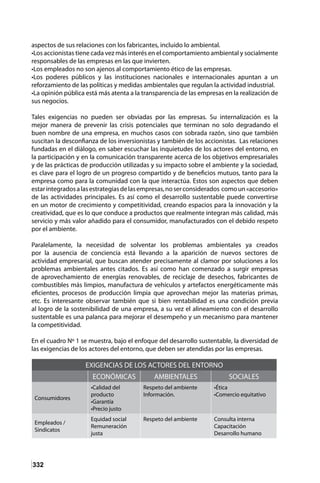 332
aspectos de sus relaciones con los fabricantes, incluido lo ambiental.
•Los accionistas tiene cada vez más interés en el comportamiento ambiental y socialmente
responsables de las empresas en las que invierten.
•Los empleados no son ajenos al comportamiento ético de las empresas.
•Los poderes públicos y las instituciones nacionales e internacionales apuntan a un
reforzamiento de las políticas y medidas ambientales que regulan la actividad industrial.
•La opinión pública está más atenta a la transparencia de las empresas en la realización de
sus negocios.
Tales exigencias no pueden ser obviadas por las empresas. Su internalización es la
mejor manera de prevenir las crisis potenciales que terminan no solo degradando el
buen nombre de una empresa, en muchos casos con sobrada razón, sino que también
suscitan la desconfianza de los inversionistas y también de los accionistas. Las relaciones
fundadas en el diálogo, en saber escuchar las inquietudes de los actores del entorno, en
la participación y en la comunicación transparente acerca de los objetivos empresariales
y de las prácticas de producción utilizadas y su impacto sobre el ambiente y la sociedad,
es clave para el logro de un progreso compartido y de beneficios mutuos, tanto para la
empresa como para la comunidad con la que interactúa. Estos son aspectos que deben
estarintegradosalasestrategiasdelasempresas,noserconsiderados comoun«accesorio»
de las actividades principales. Es así como el desarrollo sustentable puede convertirse
en un motor de crecimiento y competitividad, creando espacios para la innovación y la
creatividad, que es lo que conduce a productos que realmente integran más calidad, más
servicio y más valor añadido para el consumidor, manufacturados con el debido respeto
por el ambiente.
Paralelamente, la necesidad de solventar los problemas ambientales ya creados
por la ausencia de conciencia está llevando a la aparición de nuevos sectores de
actividad empresarial, que buscan atender precisamente al clamor por soluciones a los
problemas ambientales antes citados. Es así como han comenzado a surgir empresas
de aprovechamiento de energías renovables, de reciclaje de desechos, fabricantes de
combustibles más limpios, manufactura de vehículos y artefactos energéticamente más
eficientes, procesos de producción limpia que aprovechan mejor las materias primas,
etc. Es interesante observar también que si bien rentabilidad es una condición previa
al logro de la sostenibilidad de una empresa, a su vez el alineamiento con el desarrollo
sustentable es una palanca para mejorar el desempeño y un mecanismo para mantener
la competitividad.
En el cuadro Nº 1 se muestra, bajo el enfoque del desarrollo sustentable, la diversidad de
las exigencias de los actores del entorno, que deben ser atendidas por las empresas.
EXIGENCIAS DE LOS ACTORES DEL ENTORNO
ECONÓMICAS AMBIENTALES SOCIALES
Consumidores
•Calidad del
producto
•Garantía
•Precio justo
Respeto del ambiente
Información.
•Ética
•Comercio equitativo
Empleados /
Sindicatos
Equidad social
Remuneración
justa
Respeto del ambiente Consulta interna
Capacitación
Desarrollo humano
 
