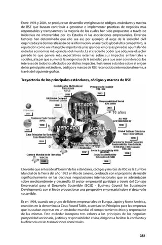 351
Entre 1994 y 2004, se produce un desarrollo vertiginoso de códigos, estándares y marcos
de RSE que buscan contribuir a gestionar e implementar prácticas de negocios más
responsables y transparentes, la mayoría de los cuales han sido propuestos a través de
iniciativas no intervenidos por los Estados ni las asociaciones empresariales. Diversos
factores han determinado que ello sea así, por ejemplo: el auge de la sociedad civil
organizada y la democratización de la información, un mercado global ultra competitivo, la
reputación como un intangible importante y las grandes empresas privadas apuntalando
entre las economías más grandes del mundo. Es el creciente poder que adquiere el sector
privado lo que genera más expectativas externas sobre sus impactos ambientales y
sociales, a la par que aumenta las exigencias de la sociedad para que sean considerados los
intereses de todos los afectados por dichos impactos. Ilustremos esta idea sobre el origen
de los principales estándares, códigos y marcos de RSE reconocidos internacionalmente, a
través del siguiente gráfico.
Trayectoria de los principales estándares, códigos y marcos de RSE
El evento que antecede al“boom”de los estándares, códigos y marcos de RSC es la Cumbre
Mundial de la Tierra del año 1992 en Río de Janeiro, celebrada con el propósito de incidir
significativamente en las decisivas negociaciones internacionales que se adelantaban
sobre medioambiente y desarrollo. El sector empresarial participó a través del Consejo
Empresarial para el Desarrollo Sostenible (BCSD - Business Council for Sustainable
Development), con el fin de proporcionar una perspectiva empresarial sobre el desarrollo
sostenible.
Es en 1994, cuando un grupo de líderes empresariales de Europa, Japón y Norte América,
reunidos en la denominada Caux Round Table, acuerdan los Principios para las empresas
que buscaban expresar en un estándar mundial el comportamiento ético y responsable
de las mismas. Este estándar incorpora tres valores a los principios de los negocios:
prosperidad accionaria, justicia y responsabilidad cívica, dirigidos a facilitar la confianza y
la eficiencia en las transacciones comerciales.
 