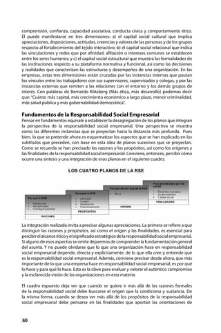 60
comprensión, confianza, capacidad asociativa, conducta cívica y comportamiento ético.
Él puede manifestarse en tres dimensiones: a) el capital social cultural que implica
apreciaciones, disposiciones, actitudes, creencias y valores de las personas y de los grupos
respecto al fortalecimiento del tejido interactivo; b) el capital social relacional que indica
las vinculaciones y redes que por afinidad, afiliación o intereses comunes se establecen
entre los seres humanos; y c) el capital social estructural que muestra las formalidades de
las instituciones respecto a su plataforma normativa y funcional, así como las decisiones
y realidades que caracterizan las estructuras y desempeños de una organización. En las
empresas, estas tres dimensiones están cruzadas por las instancias internas que pautan
los vínculos entre los trabajadores con sus supervisores, supervisados y colegas, y por las
instancias externas que remiten a las relaciones con el entorno y los demás grupos de
interés. Con palabras de Bernardo Kliksberg (Más ética, más desarrollo) podemos decir
que: “Cuánto más capital, más crecimiento económico a largo plazo, menor criminalidad,
más salud pública y más gobernabilidad democrática”.
Fundamentos de la Responsabilidad Social Empresarial
Pensar en fundamentos equivale a establecer la desagregación de los planos que integran
la perspectiva de la responsabilidad social empresarial. Una perspectiva se muestra
como las diferentes instancias que se proyectan hacia la distancia más profunda. Pues
bien, lo que se pretende ahora es esquematizar los aspectos que se han explicado en los
subtítulos que preceden, con base en esta idea de planos sucesivos que se proyectan.
Como se recuerda se han precisado las razones y los propósitos, así como los orígenes y
las finalidades de la responsabilidad social empresarial. Conviene, entonces, percibir cómo
ocurre una síntesis y una integración de esos planos en el siguiente cuadro:
La integración realizada invita a precisar algunas apreciaciones. La primera se refiere a que
distinguir las razones y propósitos, así como el origen y las finalidades, es esencial para
percibirelalcanceéticoyelsignificadoestratégicodelaresponsabilidadsocialempresarial.
Si alguno de esos aspectos se omite dejaremos de comprender la fundamentación general
del asunto. Y no puede olvidarse que lo que una organización hace en responsabilidad
social empresarial depende, directa y explícitamente, de lo que ella cree y entiende que
es la responsabilidad social empresarial. Además, conviene precisar desde ahora, que más
importante de lo que una empresa hace en responsabilidad social empresarial, es por qué
lo hace y para qué lo hace. Esta es la clave para evaluar y valorar el auténtico compromiso
y la esclarecida visión de las organizaciones en esta materia.
El cuadro expuesto deja ver que cuando se quiere ir más allá de las razones formales
de la responsabilidad social debe buscarse el origen que la condiciona y sustancia. De
la misma forma, cuando se desea ver más allá de los propósitos de la responsabilidad
social empresarial debe pensarse en las finalidades que aportan las orientaciones de
 