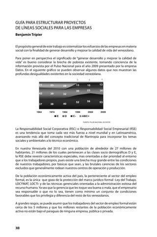 88
GUÍA PARA ESTRUCTURAR PROYECTOS
DE LÍNEAS SOCIALES PARA LAS EMPRESAS
Benjamín Tripier
Elpropósitogeneraldeestetrabajoessistematizarlosesfuerzosdelasempresasenmateria
social con la finalidad de generar desarrollo y mejorar la calidad de vida del venezolano.
Para poner en perspectiva el significado de “generar desarrollo y mejorar la calidad de
vida” es bueno considerar la brecha de pobreza existente, tomando conciencia de la
información provista por el Pulso Nacional para el año 2009 presentado por la empresa
Datos. En el siguiente gráfico se pueden observar algunos datos que nos muestran las
profundas desigualdades existentes en la sociedad venezolana.
La Responsabilidad Social Corporativa (RSC) o Responsabilidad Social Empresarial (RSE)
es una tendencia que toma cada vez más fuerza a nivel mundial y en Latinoamérica,
avanzando más allá del concepto tradicional de filantropía para incorporar los temas
sociales y ambientales a lo técnico económico.
En nuestra Venezuela del 2010 con una población de alrededor de 27 millones de
habitantes, 21 millones de los cuales pertenecen a las clases socio demográficas D y E,
la RSE debe revestir características especiales, mas orientadas a dar prioridad al entorno
que a los trabajadores propios, pues existe una brecha muy grande entre las condiciones
de nuestros trabajadores, por básicas que sean, y las brutales carencias de los sectores
excluidos que generalmente rodean nuestros centros de operación y producción.
De la población económicamente activa del país, la perteneciente al sector del empleo
formal, es la única que goza de la protección del marco jurídico formal -Ley del Trabajo,
LOCYMAT, LOCTI- y de las técnicas gerenciales orientadas a la administración exitosa del
recurso humano.Ya sea que la gerencia que les toque sea buena o mala, que el empresario
sea responsable o que no lo sea, tienen como mínimo un conjunto de condiciones
favorables que los privilegia y diferencia del resto de los venezolanos.
A grandes rasgos, se puede asumir que los trabajadores del sector de empleo formal están
cerca de los 5 millones y que los millones restantes de la población económicamente
activa no están bajo el paraguas de ninguna empresa, pública o privada.
 