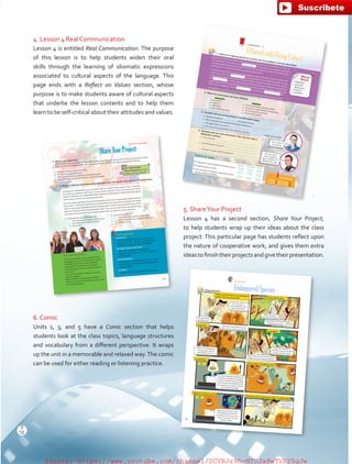 4. Lesson 4 Real Communication
Lesson 4 is entitled Real Communication. The purpose
of this lesson is to help students widen their oral
skills through the learning of idiomatic expressions
associated to cultural aspects of the language. This
page ends with a Reflect on Values section, whose
purpose is to make students aware of cultural aspects
that underlie the lesson contents and to help them
learn to be self-critical about their attitudes and values.
5. ShareYour Project
Lesson 4 has a second section, Share Your Project,
to help students wrap up their ideas about the class
project. This particular page has students reflect upon
the nature of cooperative work, and gives them extra
ideastofinishtheirprojectsandgivetheirpresentation.
6. Comic
Units 1, 3, and 5 have a Comic section that helps
students look at the class topics, language structures
and vocabulary from a different perspective. It wraps
up the unit in a memorable and relaxed way.The comic
can be used for either reading or listening practice.
Reflect on Values
Always Sometimes Never
¾ Happiness	is	more	important	to	me	than	money.	
¾ I	respect	people’s	choices.	¾ I	am	interested	in	studying	a	profession	that	fits	
my	personality	and	abilities.	
Gap ActivityStudent A goes to page 87.
Student B goes to page 89.
2. Match the expressions with their definition.
Not	me,	I	don’t	know	anything	about	medicine.	I’d	fall	behind	in	class.
Lesson	 4
IPassedwithFlyingColors!
1. Listen to an opening speech at a careers fair and complete it. Use the Word Bank.
Word
Bank
•	 fall	behind
•	 pass	with	
flying	colors•	 drop	out	
•	 cut	out	for
Good	morning.	When	deciding	what	to	study,	two	important	factors	to	consider	are	what	you	
are	interested	in	and	what	you	are
.	For	example,	you	might	be	interested	
in	animal	welfare;	however,	if	you	feel	sick	when	you	see	blood,	you	aren’t	cut	out	for	being	a	
veterinarian,	or	you	don’t	have	the	natural	ability	required	for	it.	
I	remember	one	student	in	particular	who	originally	wanted	to	become	a	lawyer,	but	after	only	
1	year	at	law	school,	he	
(a.) and	decided	not	to	continue	studying.	He	was	
always	the	last	student	to	finish	his	work	and	he	often	handed	in	his	assignments	late,	making	
him	
(b.).	This	same	student	is	currently	following	his	real	passion	and	studying	
graphic	design;	a	field	completely	different	from	law,	but	he	is	absolutely	happy	and	doing	very	
well.	In	fact,	I’m	pleased	to	say	he	
(c.)	his	first	year	
(d.)!
It	is	important	to	remember	to	choose	something	that	you	are	interested	in	and	cut	out	for.
4. Complete with your own information. Then, use it to make a
dialog with a partner.a. I	am	cut	out	for	
b. I	will	fall	behind	in	school	if	I	
c. I	will	pass	my	exams	with	flying	colors	if	
3. Complete with one of the phrases in the Word Bank above.
a. Students	sometimes
of	or	quit	university.
b. When	a	student	is	less	advanced	than	other	students,	he
.
c. I	did	really	well	on	my	exams.	I
.
d. I	don’t	have	the	natural	ability	to	be	assertive.	I	am	not
being	a	police	officer.
Expressiona. cut	out	for
b. drop	out
c. fall	behind
d. pass	with	flying	colors
Definition1. to	not	be	as	advanced	as	the	others
2. to	have	the	natural	ability	for	something
3. to	do	very	well	(in	an	exam)
4. to	quit	school,	leave
I	am	cut	out	to	be	a	doctor.
cut out for
28
Give your Presentation
•	 Present	the	members	of	your	group	and	their	
personality	types.	Also	introduce	the	names	of	
the	different	careers	you	have	researched.
•	 Use	adjectives	to	describe	each	member’s	
personality	type	and	give	a	brief	description	of	
each	career.
•	 Give	your	presentation	using	your	university	
careers	prospectus.
•	 Mention	if	after	investigating	the	different	
careers,	any	of	you	are	interested	in	studying	the	
corresponding	degree.
ShareYourProject
Useful Expressions
Introduction
•	 Good morning/afternoon, my name is… and my
partners are… and….We have… personality types;
therefore we were interested in investigating…
Description of personality type
•	 John is a very creative and artistic person;
however, Kathy is curious and has an investigative
personality type…
Career description
•	 Doctors provide medical treatment to others.They
are generally curious people who like analyzing and
solving problems…
Conclusion
•	 I’m (not) interested in studying medicine because…
2. Read the following article about personality types and university life. Then, complete the items below.
Key Expressions
Take advantage of:	to	utilize,	
exploit,	use	to	one’s	benefit
Real Communication
1. Discuss your experience.
Read	the	following	ideas	about	working	collaboratively.	Check	what	you	learned	while	working	on	the	project.	Grade	
them	in	order	of	importance,	from	1,	the	most	important,	to	4,	the	least.	Be	ready	to	support	your	answers.
a. To	respect	different	personality	types.	
b. To	respect	people’s	preferences.	
c. When	working	in	groups,	everyone	contributes	equally.	
d. When	working	in	groups,	not	everyone	contributes	equally.	
A. Understanding	your	personality	type:	
1. will	improve	your	academic	performance.
2. will	improve	your	social	interaction.
3. both	1	and	2.
B. Your	learning	style:
1. is	determined	by	your	personality	type.
2. 	is	determined	by	your	academic	performance.
3. Neither	1	nor	2.
Knowing	and	understanding	your	personality	type	can	improve	every	aspect	of	your	university	
life,	from	your	academic	performance	to	your	social	experience.	How	you	interact	with	fellow	
students,	professors	and	college	staff	will	be	maximized,	allowing	you	to	really	take	advantage	of	
and	promote	success	in	your	university	experience.
Your	personality	type	determines	your	learning	style	and	how	you	make	decisions	about	what	you	
have	to	learn.	Consider	the	following:	an	extroverted	person	learns	best	by	studying	with	others	
while	an	introverted	individual	learns	best	studying	alone.	A	thinker	learns	best	with	logic,	while	a	
feeler	normally	learns	best	through	personal	values.	If	you	are	not	aware	of	your	personality	type,	
you	may	be	limiting	not	only	your	academic	performance,	but	also	your	social	experience.	
29
Comic
EndangeredSpeciesRead and listen.
Golden LionTamarins are an endangeredspecies.There are only 50 left. A few months later…
A year later…
5 years later…
10 years later…
Golden LionTamarin (onTV)
TheGolden LionTamarins have taken over the world!
The time for a change has come.
Thanks	to	reforestation,	
you guys now have a
new habitat to live in.
Wow!There are so many that theymight run out of natural habitat.
Attention	all	humans.	We,	
the Golden LionTamarins
are taking over.You are now
under our control.You are
now our slaves…
They tricked us
with their cute
little faces!
Yes,	you	have	to	
help	reestablish	your	
species	population.
I know.We may have to
find	them	some	more	land	
so they can all survive!
You guys have a
hard job to do.
Wow,	you	guys	
have a lot of babies.
Hopefully	we	will	be	able	
to release you soon.
And with conservation we canmake sure you have a good future.
The once endangered Golden LionTamarin’s	population	has	grown	to such a size that they no longerhave enough natural habitat andare	roaming	city	streets	in	packs,	
terrorizing	the	people.
How can such
cute little animals
be so evil!
44
12
T
12
T
fuente:-https://www.youtube.com/channel/UCVBJr9h-NTUJx8wTVBY5gJwfuente:-https://www.youtube.com/channel/UCVBJr9h-NTUJx8wTVBY5gJw
 
