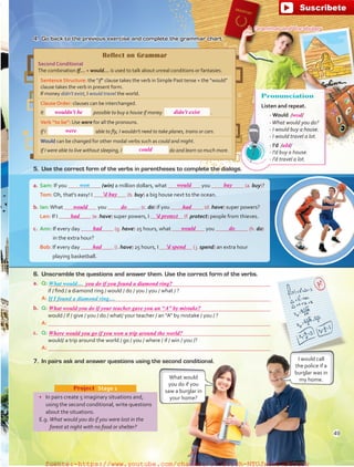 4.	 Go back to the previous exercise and complete the grammar chart.
6.	 Unscramble the questions and answer them. Use the correct form of the verbs.
•	 In pairs create 5 imaginary situations and,
using the second conditional, write questions
about the situations.
E.g. What would you do if you were lost in the
forest at night with no food or shelter?
Project  Stage 1
I would call
the police if a
burglar was in
my home.What would
you do if you
saw a burglar in
your home?
Reflect on Grammar
Second Conditional
The combination If… + would… is used to talk about unreal conditions or fantasies.
Sentence Structure: the “if” clause takes the verb in Simple Past tense + the “would”
clause takes the verb in present form.
If money didn't exist, I would travel the world.
Clause Order: clauses can be interchanged.
It possible to buy a house if money .
Verb “to be”: Use were for all the pronouns.
If I able to fly, I wouldn't need to take planes, trains or cars.
Would can be changed for other modal verbs such as could and might.
If I were able to live without sleeping, I do and learn so much more.
Grammar and Vocabulary
Pronunciation
Listen and repeat.
- Would /wʊd/
-What would you do?
- I would buy a house.
- I would travel a lot.
- I'd /aId/
- I'd buy a house.
- I'd travel a lot.
5.	 Use the correct form of the verbs in parentheses to complete the dialogs.
a.	Sam: If you (win) a million dollars, what you (a. buy)?
	 Tom: Oh, that's easy! I (b. buy) a big house next to the ocean.
b. 	Ian:What you (c. do) if you (d. have) super powers?
	 Len: If I (e. have) super powers, I (f. protect) people from thieves.
c.	 Ann: If every day (g. have) 25 hours, what you (h. do)
in the extra hour?
	 Bob: If every day (i. have) 25 hours, I ( j. spend) an extra hour
playing basketball.
7.	 In pairs ask and answer questions using the second conditional.
won
a.	 Q: 
	 if / find / a diamond ring / would / do / you / you / what / ?
	 A: 
b.	 Q: 
	 would / if / give / you / do / what/ your teacher / an “A” by mistake / you / ?
	 A: 
c.	 Q: 
	 would/ a trip around the world / go / you / where / if / win / you /?
	 A: 
If I found a diamond ring…
What would…
49
wouldn't be didn't exist
were
could
would buy
'd buy
would
had 'd protect
had would do
had 'd spend
do had
you do if you found a diamond ring?
What would you do if your teacher gave you an “A” by mistake?
Where would you go if you won a trip around the world?
fuente:-https://www.youtube.com/channel/UCVBJr9h-NTUJx8wTVBY5gJwfuente:-https://www.youtube.com/channel/UCVBJr9h-NTUJx8wTVBY5gJw
 