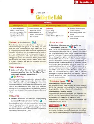 Lesson  4
KickingtheHabit
Planning
Learning Goals Indicators KeyVocabulary and Structures Strategies
This lesson will enable
students to use idioms
when communicating their
wishes or talking about
hypothetical situations.
¾¾ Uses idioms to talk
about bad habits.
¾¾ Infers meaning of
idioms from context
and pictures.
Vocabulary
Kick the habit
For the time being
Fed up with
Light at the end of the tunnel
¾¾ Inferring idiom meaning
through context
¾¾ Associating pictures with
idioms
¾¾ Using idioms to sound
more natural
WARM UP (books closed) 
Write the four idioms from this lesson on the board and
ask students to get into groups of five and try and guess
what they think each expression might mean. First, start
by clearing up any doubts about individual word meaning.
Words like fed might be new to many students.Tell students
to try and write a sentence for each expression in order to
show their comprehension of the idiom.Go around the class
asking groups to read their sentences; the only response the
teacher should give to each sentence are the words correct
or incorrect. Students will see their mistakes once they
complete exercise 1.
PRESENTATION
1.	 Listen and replace the underlined words with an
expression you hear from the Word Bank. Then,
match each situation with a picture.
 
Tell students that they are going to listen to 4 people talking
and that they have to pay attention to the idiom used instead
of the bold words which are underlined. Play the audio twice.
Now ask four different volunteers to read the sentences to the
class, but with the expressions heard in the audio. Draw their
attention to the pictures on the right-hand side. Ask students
to match each picture with its corresponding idiom.Correct as
a class.
PRACTICE
2.	 Read the definitions and write the corresponding
expression from the previous exercise. 
Remind students of the inferring meaning from context and
pictures strategies learned in previous units (specifically
unit 1) and invite them to apply these strategies to answer
this exercise. Allow students sufficient time to complete the
exercise and then correct as a class.
APPLICATION
3.	 Complete using your own information and
discuss with a partner. 
First, call on two students to read the dialog to the class.
Depending on how comfortable your students have been in
the earlier lessons when using idioms, you can present this
exercise in two ways. For a more advanced class, you might
like to simply give a spoken example for each expression.
However if the class as a whole have had problems using the
previous expressions correctly, you may want to write an
example answer for each expression on the board, in order
to help them with the sentence structures. In this case, tell
students that they have to write a different answer to the
one you supply. As students are writing their answers, walk
around the class, checking what they have written. Once
each pair has finished writing, instruct them to use their
sentences to make a dialog with their partner. Continue
to walk around the class checking their sentences and
correcting pronunciation.
Reflect onValues 
I respect people’s personal wishes.
Ask students to think back to lesson 2 and the different
wishes that their class members had. Do the students feel
they respect the varying wishes of different students?
I respect people’s differing opinions.
Throughout this lesson students have had to express their
wishes and what they would do in hypothetical situations.
I understand bad habits can be difficult to break.
Refer students to lesson 3. Ask them to consider what they
took away from the article.
Gap Activity  
Tellstudentstogetpairsandassignrolesforeachone.Explain
to students that each person has part of the information.
They have to share it by asking the corresponding questions.
Track 39
54
fuente:-https://www.youtube.com/channel/UCVBJr9h-NTUJx8wTVBY5gJwfuente:-https://www.youtube.com/channel/UCVBJr9h-NTUJx8wTVBY5gJw
 