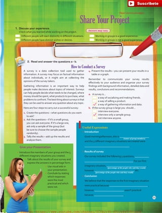 Give your Presentation
ShareYourProject
1.	 Discuss your experience.
	 Check what you learned while working on the project.
Real Communication
2.	 Read and answer the questions a - b.
How to Conduct a Survey
 Different people will react distinctly in different situations.
  Different people have distinct wishes or desires.
  Working in groups is a good experience.
  Working in groups is not a good experience.
•	 Introduce the members of your group and the 5
different imaginary situations you created.
•	 Talk about the results of your survey and
express the answers in percentage form.
•	 Use visual aids in
your presentation.
•	 Conclude by stating
which responses
were the most
practical and which
were not.
A survey is a data collection tool used to gather
information. A survey may focus on factual information
about individuals, or it might aim at collecting the
opinions of the survey takers.
Gathering information is an important way to help
people make decisions about topics of interest. Surveys
can help people decide what needs to be changed, where
money should be spent, what products to purchase, what
problemstoconfront.Thebestthingaboutsurveysisthat
they can be used to answer any question about any topic.
Here are four steps to carry out a successful survey:
1.	Create the questions – what questions do you want
to ask?
2.	Ask the questions – if it's a small group,
you can ask everyone. If it's a large one,
ask only a sample of the group (but
be sure to choose the sample people
randomly).
3.	Tally the results – add up the results and
analyze them.
4.	Present the results – you can present your results in a
table or a graph.
Remember to communicate your survey results
effectively to your audience and organize your survey
findings with background information, detailed data and
results, conclusions and recommendations.
a.	 A survey is…
	 a way of socializing and making friends.
	 a way of selling a product.
	 a way of gathering information and data.
b.	 If the survey group is large you should…
	 interview everyone.
	 interview only a sample group.
	 not interview anyone.
Useful Expressions
•	 Introduction
Good morning/afternoon, this is _______________________
and the 5 different imaginary situations we created were
___________________________________ .
•	 Results of survey
Our survey included the following 5 questions; ___________
______________________________________ For our first
imaginary situation, _______________________________ ,
however _______________________________  etc.
•	 Conclusion
We believe that the responses to the first imaginary situation
were practical because ______________________________ ,
however _______________________ wasn't practical
because _______________________ .
(names of group members)
(percentage of the people who said they would)
(percentage of the people who said they would)
55
Answers may vary.
fuente:-https://www.youtube.com/channel/UCVBJr9h-NTUJx8wTVBY5gJwfuente:-https://www.youtube.com/channel/UCVBJr9h-NTUJx8wTVBY5gJw
 