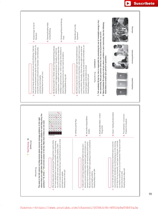 Reading
Thetextsintheleftcolumnareblogentriesaboutcommonteenageproblems.Intheright
columnthereareeighttitles.Decidewhichtitlewouldbemostsuitableforeachblogentry.For
questions1-5,checkthecorrectanswerinthebox.Notethat3titlesarenotused.
0.WhydotodaywhatIcandotomorrow?ThatwashowIusedtothink,
butIhaverealizedthatifIwanttobesuccessful,Imuststopleaving
myworkuntilthelastminute.Likemanyotherstudents,IwishI
weren’tsoeasilydistracted;thatwayIcouldﬁnishallmyworkontime
andimprovemygrades.
PostedbyJulieonFeb23rd
1.IreallywishIcouldstoprepeatingmybadhabits!JustlastyearI
becameconsciousofthemwhenIstartedtogetalotofpainsinmy
stomachduetoovereatingwhenIamanxiousaboutschoolexams.
MydoctortoldmethatifIdidn’tstopeatingsomuch,itcouldleadto
serioushealthproblems.
PostedbyWallyonApr18th
2.Iaminmylastyearofhighschoolandourteachersgiveuswaytoo
muchhomework.SometimesIamstillstudyingat1inthemorning,
butifIdon’tdomyhomework,Iwon’tpassmyﬁnalyear.Iwishthat
ourteacherswouldn’tgiveussomuchhomework.Thatwaywewould
havemoretimetorelax.
PostedbySallyonMay02nd
Answers
0ABCDEFGHI
1ABCDEFGHI
2ABCDEFGHI
3ABCDEFGHI
4ABCDEFGHI
5ABCDEFGHI
TestTrainingB
(Units3-4)
A.AllWorkandNoPlay!
B.NoUniformEqualsBetter
Grades
C.BreakingBadHabits–AHard
ThingtoDo!
D.Greed–HoldingStudentsBack
E.Procrastination–ACommon
ProblemForStudents
SpeakingCandidateA
1.TellcandidateBthathe/sheisresponsibleforpromotingtheuseofrenewableenergyinhis/
hercommunity.Askyourpartnerwhathe/shecandotopromotetheuseofit.
2.NowCandidateBisgoingtotellyouaboutaprobleminyourcommunity.Usethefollowing
illustrationstoansweryourpartner’squestions.
F.StudentAngeratCostof
Education
G.TeachingEmpathyHelps
CombatBullying
H.TheWrongPlaceattheWrong
Time!
I.WakeMeUpFromMy
Daydream!
3.Iliketobefriendswithstudentswhoarevictimsofbullying.Ihadone
friendwhowasharassedeverydayforyears.IfIhadn’thelpedhim,his
schoollifewouldhavecontinuedtobemiserable.Iwishthatbullies
wouldhavemoreempathy.
PostedbyPaulonJun04th,2012
4.Mydadalwaystellsme,“Derek,wakeup!Stopdaydreamingandpay
attentiontowhat’shappeningaroundyou.”Actually,ifIdidn’tlive
inadaydream,Iwouldn’thavemissedsomanyimportantdateslike
birthdaysorspecialevents,etc.IwishIcouldpaymoreattentionto
whatishappeningaroundme,butIdon’tseemtobeableto.
PostedbyDerekonAug20th
5.Myschooliswaytoostrict.JustlastweekIgotintotroublebecauseI
wasn’twearingthecorrectschoolshoes.Iwishwedidn’thavetowear
aschooluniform.Personally,Ithinkwehavearighttowearwhatwe
want.Ifwecouldwearclothesthatwelikeandfeelcomfortablein,we
wouldbehappieranddobetteratschool.
PostedbyWendyonOct30th
ClassifyingwasteInvolvingauthoritiesInforming
59
fuente:-https://www.youtube.com/channel/UCVBJr9h-NTUJx8wTVBY5gJwfuente:-https://www.youtube.com/channel/UCVBJr9h-NTUJx8wTVBY5gJw
 