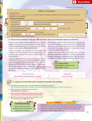 •	 In groups of 3 or 4, discuss and select various important inventions
from the 20th
century which have changed the way society functions.
•	 Agree on 1 invention to investigate further. E.g. The airplane, the
compact disc and the ballpoint pen, etc.
Project  Stage 1
Key Expressions
Rest assured: no need to worry
Up-to-date: modern
5.	 Listen to a presentation about inventions and answer the questions.
a.	 What became obsolete when the disposable razor blade was invented?
	
b.	 Which invention imitates the fountain pen?
	
c.	 Which invention facilitates the finding of information?
	
d.	 What does the lecturer think about the Rubik’s cube?
	
Listening Strategy
Read the questions before
listening to know what specific
information to listen for.
Reflect on Grammar
PhrasalVerbs
Consist of a verb + a preposition or an adverb that modifies or changes the original verb’s meaning. Phrasal verbs are either
separable or non-separable.
Separable PhrasalVerbs
•	Can be separated by their object.When the object is a noun, it can be placed between the verb and particle or after the particle.
He designed it to analog audio and video signals. (object: analog audio and video signals)
He designed it to analog audio and video signals  .
•	 When the object is a pronoun, it must be placed between the verb and the particle.
Many people spend hours trying to it (it = the Rubik’s cube)
Non-separable PhrasalVerbs
•	 The particle and verb cannot be separated by their object.
They designed it to a flying bird. (object = a flying bird)
They designed it to take a flying bird after.
give out
Today, new technology is rapidly replacing the old, outdated
gadgets from the past. Even though some people still use
outdated technologies like CDs or DVDs, rest assured that
society is in the process of leaving behind them.
In fact, technology has advanced to such a point that
nowadays we have computers that can work all sorts of
problems out, including how to send a spaceship to the
moon and back.
Looking at today’s most up-to-date computerized systems
and devices, it is hard to see how all this takes the original
electronic computer after developed back in 1942. Since its
appearance, the computer has been subject to unbelievable
technological advancements, enabling companies to come
up with mini cellular computers such as the Blackberry and
the iPhone.
4.	 There are four mistakes in the use of phrasal verbs. Find and correct them based on exercise 2.
The old shaving with a knife technique was left behind when the disposable razor blade was invented.
Grammar and Vocabulary
a.	
b	
c.	
d.	
The Internet, another hi-tech achievement, uses the most
up-to-date technology; in fact, one could say it counts it on.
The Net has given people all over the world access to huge
amounts of information. With just a simple click of your
mouse you can come it across all.
Whether we are sending people to the moon or simply
talking to a friend on our cell phone, I think we would all have
to agree technology is advancing at such a fast rate that it’s
incredible to think what might be possible in the near future.
Note:There is no rule to tell which is which.
leaving them behind
75
give
work
take after
out
out
counts on it
takes after the original electronic computer come across with
The ballpoint pen imitates it.
The cell phone facilitates the finding of information.
It’s a toy that is very difficult to solve.
fuente:-https://www.youtube.com/channel/UCVBJr9h-NTUJx8wTVBY5gJwfuente:-https://www.youtube.com/channel/UCVBJr9h-NTUJx8wTVBY5gJw
 