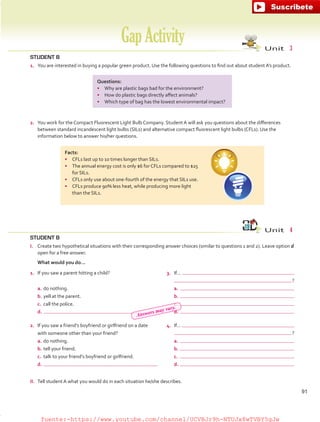 STUDENT B
1. 	 You are interested in buying a popular green product. Use the following questions to find out about student A’s product.
STUDENT B
I.	 Create two hypothetical situations with their corresponding answer choices (similar to questions 1 and 2). Leave option d
open for a free answer.
	 What would you do…
GapActivity Unit  3
Unit  4
Questions:
•	 Why are plastic bags bad for the environment?
•	 How do plastic bags directly affect animals?
•	 Which type of bag has the lowest environmental impact?
Facts:
•	 CFLs last up to 10 times longer than SILs.
•	 The annual energy cost is only $6 for CFLs compared to $25
for SILs.
•	 CFLs only use about one-fourth of the energy that SILs use.
•	 CFLs produce 90% less heat, while producing more light
than the SILs.
2.	 You work for the Compact Fluorescent Light Bulb Company. Student A will ask you questions about the differences
between standard incandescent light bulbs (SILs) and alternative compact fluorescent light bulbs (CFLs). Use the
information below to answer his/her questions.
1.	 If you saw a parent hitting a child?
a.	do nothing.
b.	yell at the parent.
c.	 call the police.
d.	
2.	 If you saw a friend’s boyfriend or girlfriend on a date
with someone other than your friend?
a.	do nothing.
b.	tell your friend.
c.	 talk to your friend’s boyfriend or girlfriend.
d.	
3.	 If…
 ?
a.	
b.	
c.	
d.	
4.	 If…
 ?
a.	
b.	
c.	
d.	
II.	 Tell student A what you would do in each situation he/she describes.
91
Answers may vary.
fuente:-https://www.youtube.com/channel/UCVBJr9h-NTUJx8wTVBY5gJwfuente:-https://www.youtube.com/channel/UCVBJr9h-NTUJx8wTVBY5gJw
 