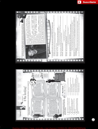 201
T
UNIT
1Lesson1
ItWasTerrifying!
1.ReadthefollowingmoviedescriptionsanduseWordBanks1and2tocompletethe
missinginformation.
2.Completethequestionswiththeverbs
intheWordBankandthenmatchthem
withtheiranswers.
Genre:
a.3:10toYumastarstwovery
famousactors,RussellCroweand
ChristianBale.Thismovieissetin
thesecondhalfofthe19th
century
andcontainscowboysonhorses
whohavegunfightswiththelocal
Indians.
Description:
a._______BradPittwonaGoldenGlobeaward?
b._______VinDieselcastintheBatmanmovie,
TheDarkNightRises?
c._______SofiaVergararecordingTheSmurfs
whenshestartedtorecordHappyFeet2?
d._______ScarletJohanssonactinthemovie,
AmericanPie?
e._______LeonardoDiCapriofinishedfilming
TheDepartedwhenhestartedtofilmShutter
Island?
Genre:
b.Theextremelyfunny,Crazy,
StupidLove,isastar-packed
moviewithactorslikeSteveCarell,
RyanGoslingandEmmaStone.The
relationshipsandjokesinthismovie
willhaveyourollingonthefloorwith
laughter.
Description:
Genre:
d.TheBourneLegacy,thelatest
intheBourneseries,isanaction-
packedmoviestarringJeremy
Renner.Thismovieisfulloflife-
or-deathexperiencesthatwillleave
youwantingmore.
Description:
Genre:
c.TheoriginalANightmareonElmStreetwas
oneofthemostfrighteningmoviesever.
Recently,in2010,thescaryicon,Freddy
Krueger,camebacktolife,provokingfear
inlocalresidents.Becarefulnottowatch
thismoviewhenyouarehomealone;who
knowswhoishidinginthecorner!
Description:
Vocabulary
Strategy
Toassociatewords
andparagraphs,
lookforsynonymsor
wordsthatexpress
similarideas.
•energetic
•historical
•humorous
•terrifying
Word
Bank2
•action
•comedy
•horror
•western
Word
Bank1
Yesshewas.Sherecordedthembothat
thesametime
Noshedidn’t,butshedidactinthemovie,
VickyCristinaBarcelona.
Yeshehas.Hewonitforhisperformance
inthemovie,12Monkeys.
Yeshehad.Hehadfinishedfilmingthe
firstmovie4yearsbeforestartingthesecondone.
Nohewasn’t.Infact,hehasneveractedin
aChristopherNolanmovie.
WordBank
•had•did•has•was(2X)
western
historical
a
Has
8
comedy
humorous
horror
terrifying
action
energetic
Was
Was
Did
Had
c
d
e
b
VP6_WB_UNIT_1.indd84/25/1610:19AM
Interviewer:Goodeveningandwelcometoourradioprogram,BehindtheScenes.Todaywearetalkingwithmovie
critic,PeterGould.Peter,thankyouforparticipatinginourprogram!
MovieCritic:It’sapleasuretobehere.
Interviewer:Tellus,Peter,___________________________________________________________________________
thenewJamesBondmovie/have/Skyfall/seen/you/?
MovieCritic:Isurehave!Isawitbeforeitcameoutonthebigscreeninthecinema.That’soneoftheadvantagesof
myjob.Igettowatchthemoviesbeforetheyareofficiallyreleased.
Interviewer:_______________________________________________________________________________________
movie/like/did/the/you/?
MovieCritic:YesIdid.It’sanadventure/actionmoviewhichisveryenergetic.Amustsee!
Interviewer:_______________________________________________________________________________________
JamesBondmovies/have/all/seen/the/you/?
MovieCritic:Yes,Ihaveseenall23films.IamahugeBondfan.
Interviewer:_______________________________________________________________________________________
DanielCraig/had/Skyfall/filming/starredin/JamesBondmovies/other/before/?
MovieCritic:Yes,hehad.InfactheplayedJamesBondinCasinoRoyalein2006andinQuantumofSolacein2008.
Interviewer:Andforourlastquestionthisevening,_______________________________________________________
__________________________________________________________________________________________________
TheAdventuresofTintin/tofilm/whenhestarted/DanielCraig/was/filming/Skyfall/?
MovieCritic:Nohewasn’t.HehadalreadyfinishedfilmingTintinwhenhestartedtofilmSkyfallinNovemberof2011.
GrammarandVocabulary
3.Completetheminibiographyusingthecorrectformoftheverbsinparentheses.
UsetheSimplePast,PastProgressive,PastPerfectandPresentPerfecttenses.
4.Unscramblethewordstomakeappropriatequestionsbasedontheresponsesgiven.
HughJackman,bornOctober12th
1968,isanAustralianactorand
producerwho______________(act)inmanyfamousmoviesovertheyears
includingSwordfish,X-Men,ThePrestige,FlushedAway,HappyFeet,andAustralia.
He______________(a.become)famousforhisroleasWolverineinthehugely
popularX-Menfilmseries.
In2001,whenJackman______________(b.start)filmingSwordfish,alongside
HalleBerryandJohnTravolta,he________already______________(c.finish)
recordingthefirstX-Menfilm.Theyear2006wasanextremelybusyonefor
Jackman.Whilehe__________________(d.provide)hisvoicefortheanimation
movie,FlushedAway,he________also______________(e.record)another
animatedfilm,HappyFeet.
Earlierthatsameyear,Jackman__________________(f.complete)filmingthebox
officehit,ThePrestige.Next,in2008,cameAustralia,amovieclosetoJackman’s
heart,giventhatitisabouthishomecountry.Jackmantrulyisanaccomplished
actorwho____________(g.win)anEmmyAward,and____________(h.be)also
votedthesexiestmanintheworldin2008byPeopleMagazine.Iftherumorsare
true,wecanexpecttoseemoreofJackmanonthemoviescreeninthenearfuture.
hasacted
9
haveyouseenthenewJamesBondmovie,Skyfall?
Didyoulikethemovie?
HaveyouseenalltheJamesBondmovies?
HadDanielCraigstarredinotherJamesBondmoviesbeforefilmingSkyfall?
wasDanielCraigfilmingTheAdventuresofTintinwhenhe
startedtofilmSkyfall?
became
started
finishedhad
wasproviding
recordingwas
hadcompleted
haswon
was
VP6_WB_UNIT_1.indd93/31/169:48AM
fuente:-https://www.youtube.com/channel/UCVBJr9h-NTUJx8wTVBY5gJwfuente:-https://www.youtube.com/channel/UCVBJr9h-NTUJx8wTVBY5gJw
 