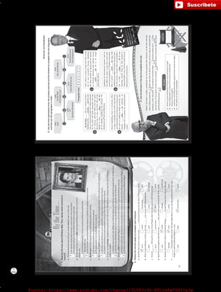 202
T
Lesson2
BytheTime…1.ReadthelifefactsaboutChristianBale.Then,decidewhichsentenceis
true(T).
a.ChristianBalehasbeenactinginmoviessincehewas12yearsold.
1.Hestartedactingwhenhewas12andisstillinthemoviefield.
2.Hestartedactinginmoviesbeforeheturned12yearsold.
b.HestartedactinginmoviesafterworkingwithRowanAtkinsoninacomical
theatreact.
1.FirstChristianstartedactinginmovies,andthenheworkedwith
RowanAtkinson.
2.FirstChristianworkedwithRowanAtkinson,andthenhestartedactinginmovies.
c.BythetimeChristianturned18,hehadalreadyactedinsixmovies.
1.Christianhadactedinsixmoviesbeforeheturned18.
2.Christianactedinsixmoviesafterheturned18.
d.Butitwasn’tuntilhestarredinthe2000thriller,AmericanPsycho,thathereallyachievedworld-widefame.
1.Christianwasnotfamousworld-widebeforeactinginthemovieAmericanPsycho.
2.Christianwasfamousworld-widebeforeactinginthemovieAmericanPsycho.
e.In2005,havingalreadycompletedhisgreatroleinthemovie,TheMachinist,ChristianwontheroleofBatman,
inBatmanBegins.
1.FirstChristianwontheroleofBatmaninBatmanBegins,andthenhecompletedhisgreatroleinTheMachinist.
2.OnceChristianfinishedhisroleinthemovietheMachinist,hegottheroleofBatman.
f.Initially,whilefilmingBatmanBegins,ChristiansaidhefeltridiculouswearingtheBatmancostume.
1.ChristiansaidhefeltridiculouswearingtheBatmancostumeattheendofthefilmingofBatmanBegins.
2.ChristiansaidhefeltridiculouswearingtheBatmancostumeduringthefilmingofBatmanBegins.
a.BradPitthasactedinmanymovies_______hebecamefamousforhisroleinThelmaLouise.
sincewhilebythetimeuntil
b.WhenKristenStewartturned22,shehad_______wonvariousMTVMovieAwards.
afteruntilsincealready
c.Directly_______filmingthemovie,FunnyPeople,AdamSandlerstartedtofilmGrownUps.
sincebythetimeafterwhile
d.BradPittandAngelinaJoliefellinlove_______theywerefilmingthemovieMr.Mrs.Smith.
untilwhilealreadybythetime
e.StanleyKubrickdidn’tdirectAClockworkOrange_______hehadfinished2001:ASpaceOdyssey.
alreadyuntilwhilesince
f._________ChristopherNolanwroteTheDarkNightRisesin2012,hehadalreadywrittenTheDark
Knightin2008andBatmanBeginsin2005.
untilafterbythetimesince
2.Choosethecorrectoptiontocompleteeachsentence.
10
T
T
T
T
T
T
VP6_WB_UNIT_1.indd103/31/169:48AM
GrammarandVocabulary
3.Usethetimeexpressionsfromthepreviousexerciseandthetimelinetocompletetheminibiography
andthenputtheparagraphsinorder.
1993
JurassicPark
Schindler’sList
1975
Jaws
2005
WaroftheWorlds
1982
E.T.
TheExtra-Terrestrial
2002
CatchMeIfYouCan
2011
TheAdventuresof
TinTinWarhorse
Paragraphorder:B
StevenSpielberg,borninCincinnati,Ohio
in1946,isarguablyoneofthemostfamous
andinfluentialmoviedirectorsinHollywood.
HewenttoCaliforniaStateUniversity,but
shortly_______________(c)starting,he
droppedouttopursuehisentertainment
career.
B
Now,nearly70yearsofageandwithalong
listofverysuccessfulmovies,Spielberg
hasbeenquotedassayingthatheintends
tocontinuedirectingandmakingmovies
_________________(d)heisnolonger
physicallyableto.
C
Spielberghitinternationalstardomwithhis
boxofficehit,Jaws,in1975and7yearslater
camehisnextbighit,E.T.TheExtra-Terrestrial.
But,Itwasn’t_____________(e)1993that
Spielbergonceagainreceivedcriticalacclaim
forthemovies,JurassicParkandSchindler’s
List.Infact,________________(f)hewas
directingJurassicPark,healsostartedto
makeSchindler’sList,afilmforwhichhewon
BestDirectorattheOscars.
D
4.Usethephrasesintheboxtocompletethetext.
MartinScorseseiswidelyconsideredoneofthegreatestfilmdirectorsofalltimeandhas
beenwidelypraisedfor.Notonlydoeshedirectmovies,butheisalsoanimportantfilm
producer,writerandactor.Asaproducer,Scorsesehelps,andasawriter,heis.The
castofmanyofScorsese’smovieshaveincluded,whilefamousmusicianslikeBobDylan
andTheRollingStones.
_________________the21st
centuryarrived,
Spielberghad________________(a)directed
over30moviesandhadwonvariousawards
forhiswork.Hisfamecontinuedintothe
21st
century,withboxofficehitslikeCatch
MeIfYouCan,in2002andthenWarofthe
Worldsin2005.________________(b)War
oftheWorlds,SpielberghasdirectedThe
AdventuresofTintinandWarhorse.
A
Bythetime
a.famousactorslikeRobertDeNiroandLeonardoDiCaprio
b.havecollaboratedonmanyofhismovie’ssoundtracks
c.financemovieprojects
d.creativelycontrollingtheartisticaspectsofthemovieshemakes
e.theauthorofvariousscreenplays
Phrases
11
DAC
already
Since
after
until
until
while
d
ce
a
b
VP6_WB_UNIT_1.indd113/31/169:48AM
fuente:-https://www.youtube.com/channel/UCVBJr9h-NTUJx8wTVBY5gJwfuente:-https://www.youtube.com/channel/UCVBJr9h-NTUJx8wTVBY5gJw
 