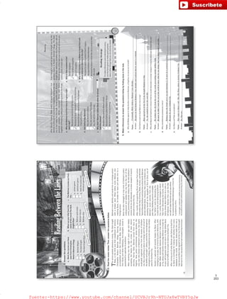 203
T
Lesson3
ReadingBetweentheLines
1.Answerthequestions.
c.TheBatmanmoviesarefrom
the…
1.actiongenre
2.adventuregenre
3.boththeactionand
adventuregenres
a.Markthemoviesyouhave
seenfromChristopher
Nolan’sBatmantrilogy.
1.BatmanBegins
2.TheDarkKnight
3.TheDarkKnightRises
b.Whatcanyouinferfromthe
nameofthemovieTheDark
KnightRises?
1.Batmangoesaway
2.Batmanreturns
3.Batmandies
2.Readthemoviereview.Then,answerthequestionsbelow.
Theaction-packedadventuremovie,TheDarkKnight
Rises,isthethirdandfinalinstallmentofdirector,
ChristopherNolan’sBatmantrilogy.Starringvarious
accomplishedactorslikeChristianBale,GaryOldman,
TomHardyandAnneHathaway,thisenergeticmovieis
guaranteedtocaptivateitsaudience.
Aftervanishingintothenight8yearsagoandfalsely
acceptingtheblameforthecrimesofthendistrict
attorney,HarveyDent,Batmanturnedfromheroto
fugitive.Now,policecommissionerJamesGordon,the
onlymanwhoknowsofBatman’sinnocence,hasnearly
eradicatedorganizedcrimefromthestreetsofGotham
city.But,everythingisabouttochangewiththearrivalof
theskillfulcatburglar*,Selina,andthefarmoredangerous
emergenceofBane,themaskedterroristwhohasruthless
plansforGothamCity.
GordoniscapturedandseverelybeatenbyBane.After
managingtoescape,heisfoundbypolicedetective,John
Blake.BlakeeventuallydeducesBatman’strueidentity,
sohe,alongwithGordonencourageBatmantobreakhis
8-yearself-imposedexileandreturntohelpdefeatBane
beforehefulfillshisevilplantodestroyGothamCity.
Aftercomingoutofexile,BatmanasksSelinatoleadhim
toBaneinexchangeforerasingheridentityfromevery
databaseintheworld.However,Selinaleadshimintoa
trapbecauseBanehadagreedtoletherliveifshebrought
Batmantohim,becauseBanehadrevealedthatheknows
Batman’strueidentityandsendshimtoaforeignprison
withabrokenback.WhenSelinatricksBatmaninto
meetingBane,hebreakshisbackandsendshimtoa
foreignprison.
BanehasalsomanagedtotrapmostofGotham’spolice
undergroundandisolatesthecityfromtherestofthe
world,preventingoutsidemilitaryhelp.HetellsGotham’s
citizensthathewilldetonateanuclearweaponifanyone
attemptstoleavethecity.
Aftermonthsofrecuperating,Bruceescapesfromprison
andenliststhehelpofSelina,Blake,Gordon,andMiranda
TatetoliberateGothamandstopthenuclearbomb.Batman
almostdefeatsBane.However,TatecomestoBane’said,
revealingherselfasthedaughterofRa’salGhul,oneof
Batman’sworstenemiesfromthe
past.She,likeBane,planstocomplete
herfather’sworkbydetonatingthe
nuclearbombanddestroyingGotham
City.Luckily,Gordonmanagestoblock
Tatefromdetonatingthebomb,while
SelinashootsBanebeforeheisableto
killBatman.BatmanthenusestheBat
aircrafttotakethebombouttoseawhere
heispresumablykilleddetonatingit.Inturnhe
ispraisedasahero.
*catburglar:athiefwhoisskillfulatenteringandleaving
thelocationshetargetswithoutattractinganyattention.
12
Answersmayvary.
Answersmayvary.
Answersmayvary.
VP6_WB_UNIT_1.indd123/31/169:49AM
Reading
ReadingStrategy
Tomakeinferencesandunderstandastory,
usethefactsgiventomakegoodguesses
aboutotherthingsthatarenotdirectlystated.
AfterBruce’sfuneral,BlakewantstorevealBatman’strue
identitytotheworld,butGordondisagrees,statingthatthe
cityisnotreadyforthetruth.Somemonthslater,Bruce’s
personalassistant,Alfred,witnessesBruceandSelina
togetherinFlorence,makinganinterestingtwisttothefinale.
a.WhydidBatmanturnfromherotofugitiveeight
yearsago?
Becausehewastiredoffightingcrime.
BecausehetookresponsibilityforDent’scrimes.
BecausehewasorderedtoleavebyGotham
City’spoliceforce.
b.DidSelinahelpBatman?
Yes,sheledhimtoBane.
Yes,shesavedhimfromBane.
No,sheledhimintoatrap.
c.Whydidn’tBatmandefeatBanewhenhealmost
hadthechance?
BecauseTatecametoBane’srescue.
BecauseSelinacametoBane’srescue.
BecauseBanewastoostrong.
d.WhoisTaterevealedtobe?
Bane’sdaughter
Ra’salGhul’sdaughter
Bruce’sdaughter
e.Whydidn’tGordonwantBlaketorevealthetruth
aboutBatman’sidentitytothecity?
BecausehewantstoprotectDent’slegacy.
BecauseGothamcityhatesBatman.
Becausehedoesn’tthinkthecityisreadytohear
thetruth.
Eventhoughitcouldbesaidthatitmightnotbethe
greatestmovieinNolan’sBatmantrilogy,TheDark
KnightRisesdefinitelysolidifiesthisthree-parttaleof
Batmanasoneofthebestevertoldandwillleaveyou
wantingmore.Amustsee!
3.Makeinferencestoanswerthequestionsbelowbyfindingcluesinthetext.
a.WhydidBlakeagreetohelpGordonconvinceBatman,afugitive,tocomeoutofexile?
Facts:____________________________________________________________________________________________
Answer:__________________________________________________________________________________________
b.DidSelinawanttoleadBatmanintoatrap?
Facts:____________________________________________________________________________________________
Answer:__________________________________________________________________________________________
c.WhydidBanetellGotham’scitizensthathewoulddetonateanuclearweaponifanyoneattemptstoleavethecity?
Facts:____________________________________________________________________________________________
Answer:__________________________________________________________________________________________
d.WhywasBatmanpraisedasahero?
Facts:____________________________________________________________________________________________
Answer:__________________________________________________________________________________________
e.AreBaneandTateaccomplices?
Facts:____________________________________________________________________________________________
Answer:__________________________________________________________________________________________
Eventually,BlakededucesBatman’strueidentity…
BecausehehaddeducedBatman’strueidentityandrealizedthathewasn’tacriminal.
13
BaneagreedtoletherliveifshebroughtBatmantohim.
No,shewantedtosaveherownlife.
Heisolatesthecityfromtherestoftheworld,preventingoutsidemilitaryhelp.
Becausehedidn’twanttherestoftheworldtoknowwhathewasdoing;thatwaytheycouldn’tstophim.
Batmantakesthebombouttoseaanddetonatesit.Inturnheispraisedasahero.
BecausehesavesGothamCity.
TatecomestoBane’said/She,likeBane,planstodestroyGothamCity.
Yes,theyare.
VP6_WB_UNIT_1.indd133/31/169:49AM
fuente:-https://www.youtube.com/channel/UCVBJr9h-NTUJx8wTVBY5gJwfuente:-https://www.youtube.com/channel/UCVBJr9h-NTUJx8wTVBY5gJw
 