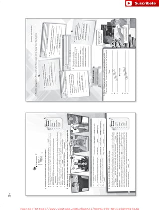 214
T
Lesson2
IWish…
1.CompletethesentenceswithwordsfromtheWordBank.
3.UsethewordsintheWordBanktocompletethestory.
MybrotherandIaren’tallowedtoeatchocolate.Wewishwe________________,butsadlywe
areallergictoit.However,yesterdaymybrotherhadsomechocolate.Hebecamesickandwished
he_______________(a).Myparentscouldn’thelphim.Theywishedthey________________
(b),butunfortunatelytheyhadtotakehimtothehospital.Thedoctorswereallreallybusy.We
wishedthey________________(c),butmybrotherhadtowait.Mymothercomplained,butshe
didn’thaveanysuccess;eventhoughshewishedshe________________(d).Then,whenadoctor
attendedmybrother,hedidn’twanttohavetheinjection.Weallwishedhe______________(e).
But,intheendeverythingworkedoutwell.Afterfinallyconvincinghimtohavetheinjection,my
brotherbegantofeelalotbetter.Infact,nowwhenhethinksabouthowsillyhewasforrejecting
theinjection,hewisheshe________________(f).
were
a.Mr.Hendersonisaverysickman.Hisfamilywisheshehadbetter__________________.
b.Aikaappliedforanewjobbutshedidn’tgetit.Shereallywishesherapplicationhadbeena
__________________.
c.Nasifwantstochangehowhelooks,buthisparentswishhewerehappierwithhis
__________________.
d.Manynationshaveanintenseandselfishdesireforlotsofmoneyandpower.Myfriendsand
Iwishthatthereweren’tsuch__________________intheworld.
e.Susanaiswritinganessayonarchitecturefromthe1700s,butshedoesn’tknowmuchabout
thetopic.Shewishesshehada__________________ofknowledgeonthetopic.
f.Mybossisextremelyarrogant.Ireallywishhechangehis__________________.
2.LookatthepicturesandmatchthemwithasentenceinColumnA.Then,completethe
wishesinColumnB.
health
abcd
ColumnA-SecondConditionalColumnB-Wishes
____1.Iwouldn’tfeelsoworriedifIhadrevisedmy
notebooks.
Shewishesshe__________________(study)lastnight.
____2.Itwouldbesomuchnicerifshedidn’tyell.Wewishshe____________________(speak)quietly.
____3.IfIlookeddifferently,Imightfeelbetter.Hewisheshe_________________(change)hisappearance.
____4.Hemightsharehismoneyifheweren’tso
greedy.
Theywishhe___________________(notbe)sogreedy.
Word
Bank
•could
•did
•didn’t
•had
•hadn’t
•were
•weren’t
Word
Bank
•appearance
•greed
•health
•personality
•success
•wealth
aspoke
34
success
appearance
greed
wealth
personality
c
d
b
hadstudied
couldchange
weren’t
hadn’tcould
weren’t
had
did
didn’t
VP6_WB_UNIT_4.indd343/31/1610:17AM
GrammarandVocabulary
b.“Weregretannouncingthatallconcertdateshavetobechangedduetoadministrationproblems…”Therockband________________________________________________________________________________________________________________
a.“Sarah,youknowIloveyou.Ifyou
consideredforgivingme,Iwouldmake
thingsbetter.”
Sarah’sboyfriend__________________
________________________________
_________________________________
c.“Wearesorrytoinformyouthat
thewatersupplywillbeturnedoff
for24hours,startingatmidnight
tonight…”
TheWatercompany___________
_____________________________
_____________________________
_____________________________
d.“Wewouldliketotakethe
opportunitytoapologizeforlosing
yourorderandwewouldliketo
resendyoutheproducts…”
Theon-lineretailer_____________
______________________________
_____________________________
_____________________________
e.“Ireallywantedtoseethestartofyourpresentation,butIwasstuckinatrafficjam...”Thefather________________
_________________________
_________________________
_________________________
4.Readtheapologyletters.Then,writewhatthesepeoplewishtochangeaboutthesituations.
You
a._____________________________________________________________
b._____________________________________________________________
c._____________________________________________________________
Partner
a._____________________________________________________________
b._____________________________________________________________
c._____________________________________________________________
“Iwishmyparentswouldn’t
annoymeallthetime.”
5.Write3thingsyouwishyoucouldchangeaboutyourparents.
Then,askapartnerthesamequestionandwritehis/heranswers.
“Jimmy,it’stimetoturn
theXboxoffandstart
yourhomework.”
WritingStrategy
Usewishtoexpressa
desire,regretorcomplaint.
wishesshewouldforgivehim.
35
wishes
theyhadn´tlosttheorder./They
wouldliketoresendtheproducts.
wishestheydidn’thaveto
changetheconcertdates.
wishestheydidn’thaveto
turnthewatersupplyoff.
wisheshehadnotmissed
thestartofthepresentation.
Answersmayvary.
Answersmayvary.
VP6_WB_UNIT_4.indd353/31/1610:17AM
fuente:-https://www.youtube.com/channel/UCVBJr9h-NTUJx8wTVBY5gJwfuente:-https://www.youtube.com/channel/UCVBJr9h-NTUJx8wTVBY5gJw
 