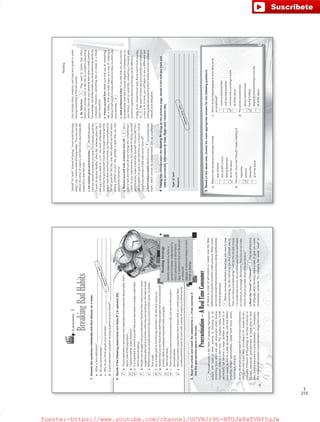 215
T
Lesson3
BreakingBadHabits
iProcrastinationisthehabitofreplacinghigh-priority
actionswithtasksoflowerpriority,orchoosingtodo
somethingfromwhichonegetsenjoymentwhilstleaving
importanttaskstoalatertime.Thisnegativehabit,ifleft
unchecked,canbecomeamajorproblematschoolorin
yourcareer,aswellasinyourpersonallife,withsideeffects
includingmissedopportunities,crazedworkhours,stress,
resentment,andguilt.
Sowhydopeopleprocrastinateifitcanhavesuchdisastrous
effectsontheirlives?Well,accordingtoDr.JosephFerrari,
AssociateProfessorofPsychologyatDePaulUniversityin
Chicago,everybodyprocrastinatesatsometimeintheir
lives,butnoteveryoneisaprocrastinator.heexplains.
Thereasonswhypeople’sprocrastinationrangefromafear
offailuretoalackofself-controlormaybeeventhefalse
beliefthatoneperformsbetterunderpressure.Othercauses
canincludesimplyfeelingtiredandlazy,beingaperfectionist
orfeelingdepressed.
Below,wehavedetailedalistoftipsandwaystostop
procrastinating.So,thenexttimeyoufindyourselfasking,
“howcanIstopprocrastinating?”refertothislistandchoose
2or3ideasthatsuityou.Donotallowpastfailuresandhabits
tocontrolyouanylonger.Remember,“thechoiceswemake,
notthechanceswetake,determineourdestiny.”
1.Neversay“Imust”or“Ishould”:Theuseofthiskind
oflanguagewhenthinkingaboutataskorgoalcancreate
unnecessarypressure.Trychangingthewords“must”or
1.Answerthequestionsindividuallyandthendiscussasaclass.
a.Whatisprocrastination?_____________________________________________________________________________
b.Doyouprocrastinate?_______________________________________________________________________________
c.Whydoyouthinkpeopleprocrastinate?________________________________________________________________
d.Isprocrastinationaproblemamongstudentsatyourschool?_______________________________________________
ReadingStrategy
Identifystatementsasfactsor
opinionstobetterunderstandifa
textispersuasiveorinformative.
Fact:Astatementthatcanbeproven
ormeasured.
Opinion:Astatementbasedonone’s
beliefsorfeelings.
2.Decideifthefollowingstatementsarefacts(F)oropinions(O).
a.“Aprocrastinatorissomeonewhohabituallyandconsistentlydelaystasks;that’s
about20%ofthepopulation”,
b.“Iperformbetterunderpressure”,
c.Itisimportanttoremindyourselfthatprocrastinationissimplyabadhabit
whichneedsbreaking.
d.Peoplewhostrugglewithprocrastinationfindthattheirsubconsciousstarts
suggestingalternativeactivitieswhiletheyareworkingonthetaskathand.
e.Perfectionistsarepeoplewhodon’tlikeanyerrorsintheirwork,nomatter
howsmall,
f.Setasinglegoalforthefirstdayandthen2forthenextandsoon,
g.Studieshaveproventhatstressreliefhelpspeoplefeelmoremotivated
andlesslikelytopostponeimportanttasksandgoals.
h.Takesmallsteps.
i.Therearemanywaystoavoidsuccessinlife,butoneofthesurestis
procrastination!
j.Wordassociationexperimentshaveshownthatourmindshavebeen
conditionedfrombirthtoreactwithasenseofurgencytothesewords.
3.Readthearticleandinsertthestatementsa-jfromexercise2
intotheappropriateplacesinthetext.
Procrastination–ARealTimeConsumer
F
O
36
O
O
F
F
O
F
O
F
a
c
j
Answersmayvary.
VP6_WB_UNIT_4.indd363/31/1610:17AM
Reading
a.Reasonswhypeopleprocrastinateinclude
fearoffailure
lackofself-control
feelingdepressed
alloftheabove
b.Thewords“mustand“should”createafeelingof
happiness
pressure
tranquility
alloftheabove
c.Whichofthefollowinggoalsismorelikelytobe
accomplished?
Iwanttobecomefitter
Iwillbecomehealthier
Iwillexercise4eveningsaweek
alloftheabove
d.Thearticlerecommends
beingaperfectionist
havinghobbies
stoppingprocrastinatinginoneday
alloftheabove
“should”for“wish”.Insteadofsaying,“Imustwritetheessay
today”,say“Iwishtowritetheessaytoday”.Thiswayyouwill
reducethesenseofurgencyandfeelmorepsychologically
preparedtostartthetask.
2.Setrealisticgoalsandtimelimits:Bedefiniteabout
howyouintendtoachieveyourgoal.Forexample,goalslike
“Iwanttobecomehealthy”oftenfail,whereasplanslike“I
willjog3timesaweekat7a.m.”aremoreachievable.Also
remembertogiveyourselfmorethanenoughtimetogetthe
goalortaskdoneandifyoufindthatyouhavecompletedall
thesetgoalsfortheday,onlythenshouldyouthinkabout
addinganothertoyourlist;perhapsagoalthatyouhad
plannedfortomorrow.
3.Rewardyourselfwithscheduledtimeoff:Seta
goalortaskandthenputallyourenergyintocompletingit.
Listentoyoursubconscious,butinsteadoflettingyourself
getdistracted,makeadealwithyourself.Tellyourself,firstI
willcompletemygoalortaskandthenasareward,Iwilllet
myselfprocrastinatealittlewithsome“time-off”.
4.Don’tbelievemyths:Mythssuchasareexactlythat,
mythswhichcannotbesubstantiated.Setupaschedule
thatincludesshort,medium,andlong-termgoalstoavoid
leavingeverythingtothelastminute.
5.BeSelective:Theyneedtorealizethatoften
thereisn’tenoughtimeinthedaytocompleteeverything
perfectly.Onlydoyourabsolutebestwhenitreallymatters.
Forexample,notalltheemailsyousendneedtobeperfectly
composed.However,somethinglikeanessayorabook
reportshouldbe.
6.Pleaseyourselffirst:Makesurethatyoudosomething,
likeahobby,thatyoureallyenjoyasawayofcreatinga
feelingofself-worthinareasdifferenttothoseinwhichyou
procrastinate.
7.Seekprofessionalhelp:Ifyoufeelthatyouareachronic
procrastinatorandthisishavingnegativeconsequenceson
yourschool,workorsociallife,contactingatherapistwho
practicescognitivebehavioraltherapycanbeeffective.
Finally,asDr.JosephFerrarisaid,Romewasn’tbuiltinaday,
so.Beawareofwhenyouprocrastinateandslowlyput
astoptoit.Intime,youwillbegintoseeadifferenceand
settinggoalsandachievingthemwillbecomeafunendeavor
insteadofanobligation.
4.TakingintoconsiderationtheReadingStrategyonthepreviouspage,decideifthetextyouhavejust
readispersuasive,informativeorboth.Stateyourreasonswhy.
Typeoftext:______________________________________________________________________________________
Reasons:_____________________________________________________________________________________________
_________________________________________________________________________________________________________
___________________________________________________________________________________________________
___________________________________________________________________________________________________
5.Basedontheabovetext,choosethemostappropriateanswerforthefollowingquestions.
37
f
d
b
e
g
h
Answersmayvary.
VP6_WB_UNIT_4.indd373/31/1610:17AM
fuente:-https://www.youtube.com/channel/UCVBJr9h-NTUJx8wTVBY5gJwfuente:-https://www.youtube.com/channel/UCVBJr9h-NTUJx8wTVBY5gJw
 