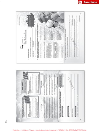 220
T
Writing
1.ReadthefactcardsaboutChinaandBraziland
useReportedSpeechtowritewhatwasstatedon
eachcard.
Brazil
a.Population:over193millionpeople.
b.Consideredapotentialsuperpowerofthe21st
century.
c.HaslargesteconomyinLatinAmericaand6thlargest
intheworld.
d.Mainindustriesincludetextiles,tobacco,
automobiles,shipairplanebuilding,foodand
tourism.
e.Doubleditsnationalincomebetween1960and1980.
China
a.Population:over1.3billionpeople.
b.Identifiedasrisingeconomicandmilitary
superpower.
c.Hasincreasedeconomicpowerthroughmassive
tradeandinvestmentwithLatinAmericaandAfrica.
d.Principalindustriesareautomobiles,shipbuilding,
textiles,electronicsandinformationtechnology.
e.Last30years=rapideconomicgrowth.
Tworisingsuperpowersofthe21st
century,ChinaandBrazil,are…______________________________________________
___________________________________________________________________________________________________
__________________________________________________________________________________________________________
Brazilis/has…_________________________________________________________________________________________
____________________________________________________________________________________________________.
However,Chinais/has…________________________________________________________________________________
_____________________________________________________________________________________________________
Takingtheabovereasonsintoaccount,Ibelievethat…__________________________________________________
_________________________________________________________________________________________________
__________________________________________________________________________________________________________
2.Usingthefactsfromabove,writeabriefmagazinearticleaboutthe
wayChinaorBrazilmaybecometheworld’snextsuperpower.
WritingStrategy
Usecontextcluestohelpreaders
understanddifficultwordsand
complexsentenceswhilereading.
Paragraph1(introduction):
Paragraph2(mainbody):
Paragraph3(conclusion):
China
Thefactcardmentionedthat…_______________________
__________________________________________________
__________________________________________________
Italsostatedthat…_________________________________
__________________________________________________
__________________________________________________
__________________________________________________
Finally…___________________________________________
__________________________________________________
Brazil
Thefactcardstatedthat…_____________________________
__________________________________________________
__________________________________________________
Italsomentionsthat…______________________________
__________________________________________________
__________________________________________________
__________________________________________________
Finally…___________________________________________
__________________________________________________
WritingStrategy
UseReportedSpeechtotalkabout
whathasbeensaidorstated.
46
China’spopulationwas
over1.3billionpeopleandthatitwasidentifiedasarising
economicandmilitarysuperpower.
Chinahadincreaseditseconomicpower
throughmassivetradeandinvestmentwithLatinAmerica
andAfricaandthatitsprincipalindustrieswereautomobiles,
shipbuilding,textiles,electronicsandinformationtechnology.
itsaidthatthecountryhadexperiencedrapid
economicgrowthoverthelast30years.
Brazil’spopulationwasover
193millionpeopleandthatitwasconsideredapotential
superpowerofthe21stcentury.
Brazilhadthelargesteconomy
inLatinAmericaandthe6thlargestintheworld,while
itsmainindustriesincludedtextiles,tobacco,automobiles,
shipairplanebuilding,foodandtourism.
itsaidthatthecountryhaddoubleditsnational
incomebetween1960and1980.
Answersmayvary.
VP6_WB_UNIT_5.indd463/31/1610:24AM
Lesson4
TheBottomLine
Journalist:Tellus,isitpossibletopredict
whenandwhereanearthquakeisgoingto
takeplacebeforeithappens?
Seismologist:Well,asscientistswedefinitely
__________________________(a)to
understandearthquakeactivity,but
unfortunately,eventhoughovertheyears
therehasbeenextensiveresearchintothe
topic,wehavetoacceptthatinreality,our
studieshave________________________
_________(b)whenitcomestounderstanding
earthquakesandseismology.Now,toanswer
yourquestion,______________________(c)is,
no,wecannotpredictexactlywhenandwhere
anearthquakeisgoingtohappen;however,
weareabletomakeeducatedguessesby
lookingatthehistoryofearthquakesin
acertainregionandunderstandingthe
movementoftheEarth’splates.
Journalist:Dolocalgovernmentsand
communitiesalwaystakeearthquake
predictionsseriously?
Seismologist:Ingeneral,yes,people
dotakeourpredictionsvery
seriously.Eventhoughthese
predictionsarenotalways
accurate,itwouldbeagrave
mistakeifgovernments
andcommunitiesaround
theworldwereto________
______________________(d)
toourforecasts.Afterall,it
isbettertobepreparedfor
anearthquakethatnever
happensthanunprepared
foranearthquake
thatcatchesusby
surprise…
VocabularyStrategy
Don’tbemisledbythe
meaningofindividualwords
whendealingwithidioms.
1.Unscrambletheidioms.
a.surface/the/scratch/barely:_____________________________________________
b.lengths/go/to/great:__________________________________________________
c.bottom/the/line:_____________________________________________________
d.eye/a/blind/turn:_____________________________________________________
2.Readthequestionsaskedtothechiefeditoratthelocalnewspaperandcompletehis
answerwiththeidiomsyouunscrambled.
3.Usetheidiomsinparenthesestowriteasentenceaboutthetopiclisted.
a.YoureallywanttodowellonyourMathexamnextweek.
________________________________________________________________________________(gotogreatlengths)
b.Yourealizethattheinformationyouhavealreadyfoundforyourprojectonlycoversasmallpercentageofit.
__________________________________________________________________________(barelyscratchthesurface)
c.Whileresearchingaspecifictopic,yourealizethatpreviousinvestigatorshaveignoredessentialinformation.
___________________________________________________________________________________(turnablindeye)
d.Youwanttostatethatthemainpointofyourargumentisthatdailyexerciseisimportantforourhealth’.
___________________________________________________________________________________(thebottomline)
RealCommunication
barelyscratchthesurface
barelyscratchedthe
surface
47
gotogreatlengths
thebottomline
turnablindeye
gotogreatlengths
thebottomline
turnablindeye
Answersmayvary.
VP6_WB_UNIT_5.indd473/31/1610:24AM
fuente:-https://www.youtube.com/channel/UCVBJr9h-NTUJx8wTVBY5gJwfuente:-https://www.youtube.com/channel/UCVBJr9h-NTUJx8wTVBY5gJw
 