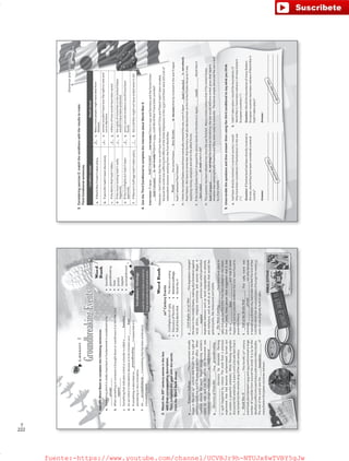 222
T
Lesson2
GroundbreakingEvents
1.UsetheWordBanktocompletethefollowingsentences.
a.Somethingwhichisvitallyimportantorfundamentalisconsideredtobe
___________________.
b.Whensomethingorsomeoneisbroughtdownoroverthrownitorhe/she/itis
___________________.
c.Somethingthatindicatesalimitoraborderiscalleda___________________.
d.Anactwhichisintendedtodeceiveortrickisknownasa___________________.
e.Ifsomethingisdescribedas___________________,itmeansthatitis
pioneeringorveryinnovative.
f.An___________________issomethingthathasbeenachievedor
asuccessfulresult.
2.Matchthe20th
centuryeventsinthebox
withtheircorrespondingdescription.
Then,completethegapswiththewords
fromtheWordBankabove.
a.___________________________:Thismovementactually
beganinthelate19th
centuryandfoughtfortherightof
womenaroundtheworldtovoteandrunforoffice.When
countriesaroundtheworldbeganrecognizingwomen’s
rightstovoteandrunforoffice,themovementwas
consideredahugeworldwide_________________________.
b.___________________________:This_________________
__________________discoverybyAlexanderFleming
in1928happenedbychance.Themoldfromaprevious
experimentthathadbecomecontaminatedturnedout
tocontainapowerfulantibiotic.WhileFlemingoriginally
discoveredtheantibiotic,itwasn’tuntiladecadelaterthatit
wasturnedintothemiracledrugofthe20thcentury.
c.___________________________:Thishorrific20th
century
eventtookplacebetween1939and1945andinvolvedalarge
numberofcountriesfromaroundtheworld.Itisbyfarthe
deadliestconflictinhumanhistorywithover60milliondeaths.
Theendoftheeventsawthe______________________of
manyEasternEuropeancountriesredrawn.
d.___________________________:Thislegislationchanged
thelawsintheUnitedStates,makingdiscriminationagainst
racial,ethnic,religiousminoritiesandwomenillegal.It
________________________previouslawswhichpermitted
deplorablebehaviorsuchasracialsegregationinschools,
andworkplace,andaswellasatfacilitiesthatservedthe
generalpublic,likerestaurantsandtoilets.
e.___________________________:Thiseventtookplacein
1969andwasthefirsttimethatmanwalkedonthemoon.
Overtheyears,manypeoplehavesuggestedthatitwas
infacta__________________________,andthatitnever
happened,butnoconcreteevidencehaseverbeenfoundto
provethistheory.
f.___________________________:This1989eventwas
extremely__________________________,notonlybecause
itopenedupadividedcity,butitalsomarkedtheendofthe
ColdWarwhichhaddevastatedpartsofEuropefornearly45
years.Itwasoriginallybuiltin1961.
•	boundary
•	groundbreaking
•	hoax
•	pivotal
•	toppled
•	accomplishment
Word
Bank
VocabularyStrategy
Lookforcontextcluesinatextto
helpassociatewordsandevents.
WordBank
20th
CenturyEvents
•CivilRightsActof1964
•	DiscoveryofPenicillin
•	FalloftheBerlinWall
•	TheMoonLanding
•	Women’sSuffrage
•	WorldWarII
Women’sSuffrage
accomplishment
50
pivotal
toppled
boundary
hoax
groundbreaking
accomplishment
DiscoveryofPenicillingroundbreaking
WorldWarII
boundaries
CivilRightsActof1964
toppled
TheMoonLanding
hoax
FalloftheBerlinWall
pivotal
VP6_WB_UNIT_6.indd503/31/1610:29AM
GrammarandVocabulary
3.Consideringexercise2,matchtheconditionswiththeresultstomake
ThirdConditionalsentences.
ConditionclauseResultclause
a.IfWorldWarIIhadn’ttakenplace,
____1.Manymorepeoplemighthavediedfrom
diseases.
b.Ifpenicillinhadn’tbeendiscovered,
____2.womenwouldn’thavewontherighttovoteand
runinelections.
c.IftheBerlinWallhadn’tfallen,____3.millionsofliveswouldhavebeensaved.
d.Ifthemoonlandinghadn’treally
happened,
____4.therightsofminoritiesintheUnitedStates
wouldn’thavebeenprotected.
e.IftheCivilRightsActhadn’tbeen
approved,
____5.someconcreteevidencewouldhavebeen
found.
f.IfWomen’sSuffragehadn’ttakenplace,____6.theColdWarmightnothaveendedwhenitdid.
4.UsetheThirdConditionaltocompletetheinterviewaboutWorldWarII.
Interviewer:IfJapan___________________(notinvade)Chinain1937andGermanyandtheSovietUnion
___________________(a.notinvade)Polandin1939,couldWorldWarIIhavebeenavoided?
Historian:Idon’tbelievethatthewarwouldhavebeenavoidedifChinaandPolandhadn’tbeeninvaded,
becausetheworldwassufferingtheeffectsoftheGreatDepressioninthe1930’sandtherewerestillalotof
nationalistictensionsresultingfromtheFirstWorldWar.
I:___________________theUnitedStates___________________(b.become)directlyinvolvedinthewarifJapan
hadn’tattackedPearlHarbor?
H:IthinktheUnitedStateswouldhaveeventuallyenteredthewar,evenifJapan___________________(c.notattack)
PearlHarbor.WehavetorememberthatGermanyhadalsodeclaredwarontheUnitedStatesbecauseitwas
supplyingmoney,weaponsandaidtothealliedforces.
I:IftheUnitedStateshadn’tdroppedtheatomicbombonHiroshimainJapan,___________________WorldWarII
___________________(d.end)whenitdid?
H:Thisquestionhasbeendebatedeversincethewarfinished.ManyscholarsbelievethatiftheUnitedStates
___________________(e.notdrop)thebombonHiroshima,thewarwouldstillhaveendedgiventhatJapan’s
situationwascatastrophicallyhopelessandtheywerereadytosurrender.Thebombsimplyadvancedthewar’send
byafewmonths.
5.Unscramblethequestionsandthenanswerthemusingthethirdconditionaltosaywhatyouthink.
a.hadbeendirectlyinvolved/aneutralcountry/would
theyhavebeenconsidered/ifSwitzerland/inthewar
/?/
Question:IfSwitzerlandhadbeendirectlyinvolvedin
thewar,wouldtheyhavebeenconsideredaneutral
country?
Answer:
______________________________________________
______________________________________________
______________________________________________
______________________________________________
b.hadn’ttakenplace/wouldtheboundaries/if
WorldWarII/havebeenredrawn/ofmanyEastern
Europeancountries/?/
Question:WouldtheboundariesofmanyEastern
EuropeancountrieshavebeenredrawnifWorldWarII
hadn’ttakenplace?
Answer:
______________________________________________
______________________________________________
______________________________________________
______________________________________________
hadn’tinvaded
a
51
b
f
e
d
c
hadn’tinvaded
Wouldhavebecome
hadn’tattacked
would
haveended
hadn’tdropped
Answersmayvary.
Answersmayvary.
VP6_WB_UNIT_6.indd513/31/1610:29AM
fuente:-https://www.youtube.com/channel/UCVBJr9h-NTUJx8wTVBY5gJwfuente:-https://www.youtube.com/channel/UCVBJr9h-NTUJx8wTVBY5gJw
 