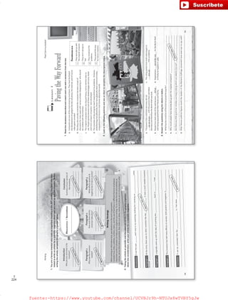 224
T
Writing
Introduction
Whoareyouandwhatisthe
invention?
_________________________
_________________________
________________________
Conclusion
Summaryofyouropinionof
theinvention.
_________________________
_________________________
________________________
Discovery/Invention
____________________________
1.Youareafamousinventorwhomadeanimportantinventioninthe20th
century.Youhavenowbeen
invitedtowriteanarticleforascientificmagazineabouthowyoucameupwiththeinvention.Before
writingthearticle,completethegraphicorganizerbelow.
Introduction:Itwastheyear_______andIwasinmyworkshop,lookingfor/workingon___________________when
_____________________________________________________________________________________________________
______________________________________________________________________________________________
Paragraph1:Atthetime,therewasnootherinventionlikethe_______________.Itwasamuchneededinvention
because_____________________________________________________________________________________________
______________________________________________________________________________________________
Paragraph2:Ioriginallycameupwiththeideaofinventingthe_______________backin_________.Iwas_______
_____________________________________________________________________________________________
______________________________________________________________________________________________
Paragraph3:Thisinventionhashadmanyeffectsonsociety:bothpositiveandnegative.It______________________
_____________________________________________________________________________________________
______________________________________________________________________________________________
Conclusion:Itcanbeconcludedthatthe__________________is/hasbeen______________________________
_______________________________________________________________________________________________
______________________________________________________________________________________________
WritingStrategy
Whenwritinganinformativetext,payattentiontothetext’sorganization.
Considerhow,titles,subtitles,numbers,italics,andtheuseofboldfaceordifferentfontstoemphasize
importantwordsorphrasescanhelpyoutoorganizeyourwriting.Trytomakethetitleandsubtitlesas
concise,yetasinformativeaspossible.Alsomakesuredates,namesandplacesareinchronologicalorder.
Paragraph1
Whywastheinvention
needed?
_________________________
_________________________
________________________
Paragraph2
Howandwhendidthe
inventiontakeplace?
_________________________
_________________________
________________________
Paragraph3
Whateffects(positive
negative)hasithadonsociety?
_________________________
_________________________
________________________
2.Takingthearticleonpenicillinandthenotesyouwroteinthegraphicorganizer
aboveintoconsideration,writeyourarticleforascientificmagazine.
54
Answersmayvary.
Answersmayvary.
Answersmayvary.
Answersmayvary.
Answersmayvary.
Answersmayvary.
Answersmayvary.
VP6_WB_UNIT_6.indd543/31/1610:29AM
Lesson4
PavingtheWayForward
1.Readthesituationsdescribedandmatcheachonewithasentencefromthebox.
Sentences
Theywerefedupwith
theoriginalcomputer.
Theydon’tseeeyeto
eye.
Theyironedoutthe
problems.
Theypavedtheway
forfuturecreations.
a.Computersareoneofthemostamazinginventions.Theyhavefacilitated
thedevelopmentofgadgetslikethecellphone,theInternet,andofcourse
videogameconsoles!
b.Decidingwhoactuallyinventedthecomputerhasbeenatopicof
discussionformanyyearswithvariousscholarsdisagreeingonwhoshould
becreditedwiththeinvention.
c.Theoriginalcomputerswereverybigandheavy;nottomentionslowto
use.Peoplequicklybecametiredofthesedisadvantagesandsoon,faster
andmorecompactcomputersweredeveloped.
d.Theinventionofthecomputerhasn’tbeenwithoutitsproblems.However,
astechnologyhasadvanced,thesehavegraduallybeensolvedandtoday
computerscanbefoundinmosthomesaroundtheworld.
2.Lookatthefollowingpicturesanduseanidiomtocompletethedescriptionsbelow.
a.ThepowersthatruledEastGermanydidnot
__________________withthepowersthatruledWest
GermanyandthereforetheBerlinWallwasbuilt.
b.Peoplefrombothsidesofthewallbecame__________
withbeingseparatedfromtheirfriendsandfamily.
c.Therulingpartiesfrombothsidesbeganto
__________________theirproblems.
d.Negotiations__________________fortheBerlinWall
tofinallybetoppledin1989.
3.Answerthequestionsusingtheidiomsinitalics.
a.WhathastheinventionoftheInternetpavedthewayfor?___________________________________________________
______________________________________________________________________________________________
b.Whywouldpeoplehavebecomefedupwiththeoriginalcomputers?_______________________________________
______________________________________________________________________________________________
c.Arethereanylittlegrammarmistakesyoukeepmakingwhichyouneedtoironout?____________________________
______________________________________________________________________________________________
d.WhatfamouspoliticalfigureswouldtheleadersoftheWomen’sSuffragemovementhaveseeneyetoeyewith?
______________________________________________________________________________________________
RealCommunication
a
55
seeeyetoeye
fedup
ironout
pavedtheway
c
b
d
Answersmayvary.
VP6_WB_UNIT_6.indd553/31/1610:29AM
fuente:-https://www.youtube.com/channel/UCVBJr9h-NTUJx8wTVBY5gJwfuente:-https://www.youtube.com/channel/UCVBJr9h-NTUJx8wTVBY5gJw
 