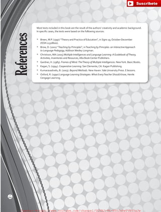 References Most texts included in this book are the result of the authors’ creativity and academic background.
In specific cases, the texts were based on the following sources:
*	 Breen, M.P. (1997) “Theory and Practice of Education”, in Signs 19, October-December
(ISSN 11318600).
*	 Brow, D. (2001) “Teaching by Principles”, inTeaching by Principles: an Interactive Approach
to Language Pedagogy, AddisonWesley Longman.
*	 Christison, MA (2005) Multiple Intelligences and Language Learning: A Guidebook ofTheory,
Activities, Inventories and Resources, Alta Book Center Publishers.
*	 Gardner, H. (1983). Frames of Mind.TheTheory of Multiple Intelligences. NewYork. Basic Books.
*	 Kagan, S. (1994). Cooperative Learning. San Clemente, CA. Kagan Publishing.
*	 Kumaravadivelu, B. (2003). Beyond Methods. New Haven.Yale University Press. E lessons.
*	 Oxford, R. (1990) Language Learning Strategies:What EveryTeacher Should Know, Heinle
Cengage Learning.
254
T
fuente:-https://www.youtube.com/channel/UCVBJr9h-NTUJx8wTVBY5gJwfuente:-https://www.youtube.com/channel/UCVBJr9h-NTUJx8wTVBY5gJw
 
