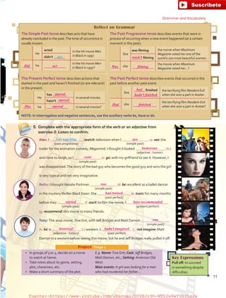 Alex: I (watch) television when I (a. see) the
trailer for the animation comedy, Megamind. I thought it looked (b.)
and I love to laugh, so I (c. go) with my girlfriend to see it. However, I
was disappointed.The story of the bad guy who becomes the good guy and wins the girl
is very typical and not very imaginative.
Betty: I thought Natalie Portman (d. be) excellent as a ballet dancer
in the mystery thriller Black Swan. She (e. train) for many months
before they (f. start) to film the movie. I
(g. recommend) this movie to many friends.
Tony: The 2010 movie, True Grit, with Jeff Bridges and Matt Damon
(h. be) a (i.) western. I (j . not imagine) Matt
Damon in a western before seeing this movie, but he and Jeff Bridges really pulled it off.
Reflect on Grammar
•	 In groups of 3 or 4, decide on a movie
to watch at home.
•	 Take notes about its genre, setting,
plot, characters, etc.
•	 Make a short summary of the plot.
E.g. Name:True Grit; Cast: Jeff Bridges,
Matt Damon, etc.; Setting: American Old
West.
Main events: A girl was looking for a man
who had murdered her father…
Project  Stage 1
The Present Perfect tense describes actions that
started in the past and haven’t finished (or are relevant)
in the present.
He
has ________
in several movies.
hasn’t ________
_____ he ____________ in several movies?
The Past Perfect tense describes events that occurred in the
past before another past event.
She
______ finished
______________
the terrifying film Resident Evil
when she won a part in Avatar.
_____ she _____________
the terrifying film Resident Evil
when she won a part in Avatar?
The Past Progressive tense describes events that were in
process of occurring when a new event happened (at a certain
moment in the past).
She
was filming the movie when Maximum
Magazine voted her one of the
world’s 100 most beautiful women.______ filming
_____ she ____________
the movie when Maximum
Magazine voted her…?
Grammar and Vocabulary
The Simple Past tense describes acts that have
already concluded in the past.The time of occurrence is
usually known.
He
acted in the hit movie Men
in Black in 1997.didn’t ______
_____ he ____________
in the hit movie Men
in Black in 1997?
NOTE: In interrogative and negative sentences, use the auxiliary verbs be, have or do.
5.	 Complete with the appropriate form of the verb or an adjective from
exercise 2. Listen to confirm.
(past progressive) (simple past)
(simple past)
(simple past)
(simple past) (present perfect)
(past perfect)
(past perfect)
(simple past)
(adjective - humor)
(adjective - history)
was watching
Key Expressions
Pull off: to succeed
in something despite
difficulties
act
11
saw
WasDid
Has
Had
filmingact
starred
finished
wasn’t
starred
had
hadn’t finished
starred
humorous
went
was
had trained
started
was
hadn’t imaginedhistorical
have recommended
fuente:-https://www.youtube.com/channel/UCVBJr9h-NTUJx8wTVBY5gJwfuente:-https://www.youtube.com/channel/UCVBJr9h-NTUJx8wTVBY5gJw
 