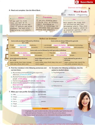 5.	 Find the mistakes in the following sentences and
correct them.
a.	My secretary promised finishing the report this
afternoon.
b.	My best friend always avoids to talk to conventional
people.
c.	 Farmers enjoy to work with animals.
d.	Actors keep to express themselves creatively.
e.	My brother wants studying business administration.
6.	 Complete the following sentences. Use the
patterns studied above.
a.	Psychologists like
	  .
b.	Nurses suggest
	  .
c.	 Engineers enjoy
	  .
d.	Policemen try
	  .
Word Bank
• Law  • Medicine  • Programming
•	 In groups of 3, each student decides what personality type he/she has and
then each person chooses a career which they are curious about.
E.g. I have a ‘social’ personality so I am interested in becoming a social worker.
Project  Stage 1
c.
Most people who study this
are extroverted and love
persuading others. They also
love to be leaders, which is
an essential quality if you
hope to be successful.
b.
If you are thinking about
studying this, we strongly
suggest developing an
interest in technology. It
is advisable that you enjoy
working with computers.
a.
If you want to study
this, you must be an
investigative person who
likes to analyze and solve
problems. You must also
like helping sick people.
4.	 Read and complete. Use the Word Bank.
Verbs followed by infinitives
(to + verb)
Verbs followed by gerunds
(verb + ing)
Verbs followed by gerunds or
infinitives
agree, decide, have, hope, manage,
need, plan, refuse, seem, want
avoid, dislike, enjoy, finish, keep, miss, can’t
stand, suggest
begin, continue, hate, intend, like,
love, prefer, propose, start, try
Reflect on Grammar
Some verbs are always followed by infinitives
(to + verb)
Some verbs are always followed by gerunds
(verb + ing)
If you medicine,…
… if you successful.
… we strongly an interest in technology.
… it is advisable that you with computers.
Grammar and Vocabulary
7.	 Make your own profile. Complete the sentences.
a.	I like so I normally  .
b.	I enjoy so I have a personality.
c.	 I love  .
d.	I am a person.
e.	I hope  .
f.	 I want  .
Some verbs can be followed by both gerunds or infinitives
… who and solve problems. They also leaders…
You must also sick people. ... who people…
want to study
promised to finish
23
suggest developing
enjoy working
love to be
love persuading
hope to be
likes to analyze
like helping
Medicine Programming
Law
avoids talking
enjoy working
wants to study
keep expressing
Answers may vary.
Answers may vary.
fuente:-https://www.youtube.com/channel/UCVBJr9h-NTUJx8wTVBY5gJwfuente:-https://www.youtube.com/channel/UCVBJr9h-NTUJx8wTVBY5gJw
 