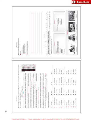 DifferentPerspectives
Ihavealwaysbeencurious(0)whatmakespeoplelaugh.Somepeople
laughatanything,andincontrast,otherpeopledon’tlaughatall.LastweekendIhad
somefriendsoverandwe(6)thecomicalmovie,AmericanPie,when
myparentscameintotheroomand(7)iftheycouldwatchitwithus.My
friendsandIallagreedthatthemoviewasvery(8)andfunny,butmy
parentsneverlaughed;notonce!Fiveminuteslater,theystopped(9)
themovieandwenttobed.WhenIaskedthemifthey(10)themovie,
theysaidthattheydidn’tthinkitwasfunny.Theythoughtthatthehumorwastoo
rude.Theysaidthatthemoviedidn’tappeal(11)themandthatthey
weren’tinterestedin(12)theend.
ObviouslymyparentshavediﬀerentpersonalitytypesfrommyfriendsandI.They
arebothveryconventionalpeoplewholike(13)therules.They
haveadiﬀerentsenseofhumorandIneverseethemwatchingcomedymovies.On
theotherhand,Iamasocialpersonwhoisvery(14)andIlove(15)
.Actually,myfriendsarealsoverysocialpeopleandliketolaughtoo.
That’swhyweareallsuchgoodfriends.
Answers
0ABCD
6ABCD
7ABCD
8ABCD
9ABCD
10ABCD
11ABCD
12ABCD
13ABCD
14ABCD
15ABCD
0.AwithBaboutConDin
6.AwerewatchingBhavewatchedChadwatchedDwatched
7.AhaveaskedBwasaskingCaskedDhadasked
8.AhumorBhumorousChumorouslyDhumors
9.AwatchingBhavewatchedCwaswatchingDwatch
10.AenjoyingBenjoyedChaveenjoyedDwereenjoying
11.AonBinCtoDfor
12.AwatchingBtowatchCwatchedDwatch
13.AfollowedBtofollowCtofollowingDfollow
14.AcarefulBeﬃcientCcuriousDfriendly
15.AwaslaughingBlaughCtolaughDlaughed
about
Reading
Readthefollowingtext.Forquestions6-15,choosethecorrectoption.Markthecorrectletter
(A,B,C,orD)intheanswerbox.
SpeakingCandidateB
1.Usecard2toaskyourpartnerquestionsabouthis/herlikesanddislikes.Basedonhis/her
answers,usecard3tosuggestapossiblecareer.
2.Usecard1toansweryourpartner’squestionsaboutyourlikesanddislikes.He/Shewillalso
suggestasuitablecareerforyou.
Writing
Writeareviewofyourfavoritemovie.
Include
•Nameofmovie
•Directorandactors
•Descriptionoftheplot
•Youropinionofthemovie
Writebetween30and45words.
psychologistdetectivegraphicdesignercarpenter
Likes
•helpingandtrainingothers
•beingfriendlyandsociable
•education
Dislikes
•cooking
•animals
Cardno.1Cardno.2
Cardno.3
Whatareyouinterestedin?
curiousabout?
goodat?
familiarwith?
34
fuente:-https://www.youtube.com/channel/UCVBJr9h-NTUJx8wTVBY5gJwfuente:-https://www.youtube.com/channel/UCVBJr9h-NTUJx8wTVBY5gJw
 