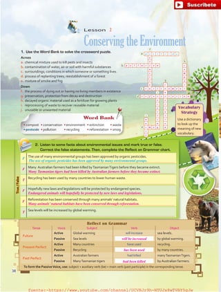 Lesson  2
ConservingtheEnvironment
True/False
F
The use of many environmental groups has been approved by organic pesticides.

Many Australian farmers had been killed byTasmanianTigers before they became extinct.

Recycling has been used by many countries to lower human waste.

Hopefully new laws and legislations will be protected by endangered species.

Reforestation has been conserved through many animals’ natural habitats.

Sea levels will be increased by global warming.

Vocabulary
Strategy
Use a dictionary
to look up the
meaning of new
vocabulary.
2.	 Listen to some facts about environmental issues and mark true or false.
Correct the false statements. Then, complete the Reflect on Grammar chart.
1.	 Use the Word Bank to solve the crossword puzzle.
Across
a.	chemical mixture used to kill pests and insects
b.	contamination of water, air or soil with harmful substances
c.	 surroundings; conditions in which someone or something lives
d.	process of replanting trees; reestablishment of a forest
e.	mixture of smoke and fog
Down
f.	 the process of dying out or having no living members in existence
g.	preservation, protection from decay and destruction
h.	decayed organic material used as a fertilizer for growing plants
i.	 reprocessing of waste to recover reusable material
j.	 unusable or unwanted material
Word Bank
• compost
• pesticide
• conservation
• pollution
• environment
• recycling
• extinction
• reforestation
• waste
• smog
The use of organic pesticides has been approved by many environmental groups.
a
b
c
d
e
i
g
h
j
f
p e s t i c i d e
Reflect on Grammar
Tense Voice Subject Verb Object
Future
Active Global warming will increase sea levels.
Passive Sea levels by global warming.
Present Perfect
Active Many countries have used recycling.
Passive Recycling by many countries.
Past Perfect
Active Australian farmers had killed manyTasmanianTigers.
Passive ManyTasmanian tigers by Australian farmers.
To form the PassiveVoice, use: subject + auxiliary verb (be) + main verb (past participle) in the corresponding tense.
38
x
t
p o l l u t i o n c
n o
c m
t p
i o
o c s
e n v i r o n m e n t
n
r e f o r e s t a t i o n
e e
c r
y v
c a
l t
w i i
a n o
s m o g n
t
e
F
T
F
F
T
Many Tasmanian tigers had been killed by Australian farmers before they became extinct.
Endangered animals will hopefully be protected by new laws and legislations.
Many animals’ natural habitats have been conserved through reforestation.
will be increased
has been used
had been killed
fuente:-https://www.youtube.com/channel/UCVBJr9h-NTUJx8wTVBY5gJwfuente:-https://www.youtube.com/channel/UCVBJr9h-NTUJx8wTVBY5gJw
 