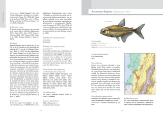 201200
CasiAmenazada
Subcuencas: Zanjón Bagazal y los ríos
Ovejas, Mondomo y Mandiva en el depar-
tamento del Cauca. En el Valle del Cauca
en la quebrada Bella Vista y río La Vieja.
En las quebradas La Víbora y Boquía y los
ríos Roble y Quindío.
Población y uso
El mayor número de registros se presenta
en la cuenca del río Quindío (Eigenmann
1922, Dahl 1971, Géry 1972, Román-
Valencia 1988, 1995, Vargas 1989, Usma
et al. 2002, Román–Valencia y Ruiz–C.
2005).
Ecología
Especie pequeña que no supera los 10 cm
LE. En el río Quindío se ha registrado un
máximo de 7,7 cm de LE (Román–Valen-
cia y Ruiz–C. 2005). En las poblaciones
del Zanjón Bagazal en el alto Cauca, se
observó una preferencia por hábitats poco
profundos (no mayores de 60 cm) donde
la corriente de agua se encuentra cubierta
por parches de bosque, con poca turbidez
y con poco flujo y velocidad de la corriente,
en fondos compuestos por material vege-
tal en descomposición. En esta localidad,
comparte su hábitat con Bryconamericus
caucanus, Piabucina sp. y Poecillia caucana.
Se alimenta preferencialmente de insec-
tos, larvas de dípteros (familias Chiro-
nomidae, Tipulidae, Muscidae y Brachy-
cera). Posiblemente se reproduce durante
la estación de lluvias, entre abril-mayo,
septiembre-octubre, y durante la estación
seca, entre enero-febrero. Machos y hem-
bras alcanzan su maduración sexual en
promedio a los 4 y 3,5 cm LE, respectiva-
mente. Los machos alcanzan tallas mayo-
res que las hembras y hay proporción 2:1
de hembras y machos (Román–Valencia y
Ruiz–C. 2005).
Amenazas
Al ser una especie restringida a una por-
ción del alto Cauca (<30.000 km2
) y con
poblaciones fragmentadas entre Cauca
y Quindío, se encuentra en sitios con ca-
racterísticas bióticas particulares, con un
hábitat reducido y por tanto susceptible
de perturbación antrópica, especialmente
deforestación y contaminación (Maldo-
nado-Ocampo et al. 2005). En el Valle del
Cauca sus poblaciones posiblemente sean
menores debido al aumento paulatino de
los monocultivos de caña (Ortega-Lara et
al. 1999).
Medidas de conservación
tomadas
No existen.
Medidas de conservación
propuestas
Desarrollar estudios que contribuyan al
conocimiento y conservación de esta espe-
cie. Lehmann y Niño (2008), consideraron
la especie como un objeto de conservación
prioritario para Colombia y sugieren la
conservación y mantenimiento de tribu-
tarios de cabecera menos alterados en la
parte alta del río Cauca.
 
Colecciones con registros
confirmados de la especie
Holotipo FMNH 56882. Paratipos CAS
68647; FMNH 56883. Otras: CIRUV
98004; CZUT-IC 1128; IAvH-P 4733;
IMCN 52, 115, 1280, 2379, 2380, 2381,
2387, 2452, 2502, 2608-09, 3262, 3268;
MHNUC- IC 0341; MPUJ 4249, 4254,
4260, 4263, 4267, 4283, 4316, 4321, 4324,
4328, 4331, 4335.
Localidad tipo
Río Cauca, quebrada Boquia (1900 m
s.n.m.), Colombia.	
Autores de la ficha
Pablo Lehmann A. y
José Saulo Usma Oviedo
Taxonomía
Orden: Characiformes
Familia: Characidae
Especie: Astyanax daguae Eigenmann 1913
Astyanax daguae Eigenmann 1913
Categoría Nacional
Casi Amenazada
(NT)
Descripción
Cuerpo con coloración plateada y tona-
lidades verde oliva, rojizas y amarillas.
Mancha humeral difusa y una banda late-
ral estrecha que llega hasta el pedúnculo
caudal. Dos hileras de dientes en el pre-
maxilar, la externa con cuatro dientes y la
segunda con cinco dientes multicúspides;
maxilar con 4 dientes y mandíbula con 5
dientes grandes seguidos por dientes muy
pequeños. Aleta anal larga, con 28 radios;
los cinco primeros más largos que los de-
más. Las aletas en los machos con tonali-
dades rojizas que son más intensas en los
adultos.
Distribución geográfica
Endémica de Colombia, para la cuenca Pa-
cífico (Maldonado-Ocampo et al. 2008).
Subcuencas: Pacífico (Anchicayá y Da-
gua).
Población y uso
No hay estimativos poblacionales para
la especie. Por su vistosidad y hábitos de
vida, ha sido considerada con potencial or-
 