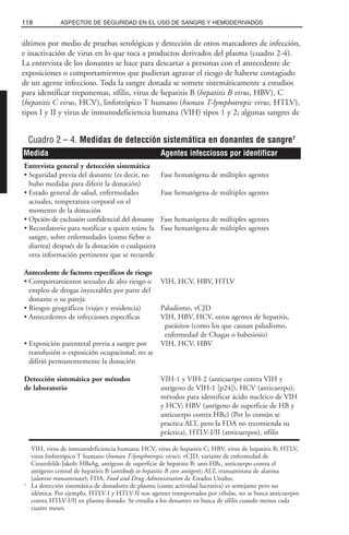 últimos por medio de pruebas serológicas y detección de otros marcadores de infección,
e inactivación de virus en lo que toca a productos derivados del plasma (cuadro 2-4).
La entrevista de los donantes se hace para descartar a personas con el antecedente de
exposiciones o comportamientos que pudieran agravar el riesgo de haberse contagiado
de un agente infeccioso. Toda la sangre donada se somete sistemáticamente a estudios
para identificar treponemas, sífilis, virus de hepatitis B (hepatitis B virus, HBV), C
(hepatitis C virus, HCV), linfotrópico T humano (human T-lymphotropic virus, HTLV),
tipos I y II y virus de inmunodeficiencia humana (VIH) tipos 1 y 2; algunas sangres de
118 ASPECTOS DE SEGURIDAD EN EL USO DE SANGRE Y HEMODERIVADOS
Cuadro 2 – 4. Medidas de detección sistemática en donantes de sangre1
Entrevista general y detección sistemática
• Seguridad previa del donante (es decir, no Fase hematógena de múltiples agentes
hubo medidas para diferir la donación)
• Estado general de salud, enfermedades Fase hematógena de múltiples agentes
actuales, temperatura corporal en el
momento de la donación
• Opción de exclusión confidencial del donante Fase hematógena de múltiples agentes
• Recordatorio para notificar a quien reúne la Fase hematógena de múltiples agentes
sangre, sobre enfermedades (como fiebre o
diarrea) después de la donación o cualquiera
otra información pertinente que se recuerde
Antecedente de factores específicos de riesgo
• Comportamientos sexuales de alto riesgo o VIH, HCV, HBV, HTLV
empleo de drogas inyectables por parte del
donante o su pareja
• Riesgos geográficos (viajes y residencia) Paludismo, vCJD
• Antecedentes de infecciones específicas VIH, HBV, HCV, otros agentes de hepatitis,
parásitos (como los que causan paludismo,
enfermedad de Chagas o babesiosis)
• Exposición parenteral previa a sangre por VIH, HCV, HBV
transfusión o exposición ocupacional; no se
difirió permanentemente la donación
Detección sistemática por métodos VIH-1 y VIH-2 (anticuerpo contra VIH y
de laboratorio antígeno de VIH-1 [p24]), HCV (anticuerpo),
métodos para identificar ácido nucleico de VIH
y HCV; HBV (antígeno de superficie de HB y
anticuerpo contra HBc) (Por lo común se
practica ALT, pero la FDA no recomienda su
práctica), HTLV-I/II (anticuerpos), sífilis
VIH, virus de inmunodeficiencia humana; HCV, virus de hepatitis C; HBV, virus de hepatitis B; HTLV,
virus linfotrópico T humano (human T-lymphotropic virus); vCJD, variante de enfermedad de
Creutzfeldt-Jakob; HBsAg, antígeno de superficie de hepatitis B; anti-HBc, anticuerpo contra el
antígeno central de hepatitis B (antibody to hepatitis B core antigen); ALT, transaminasa de alanina
(alanine transaminase); FDA, Food and Drug Administration de Estados Unidos.
1
La detección sistemática de donadores de plasma (como actividad lucrativa) es semejante pero no
idéntica. Por ejemplo, HTLV-I y HTLV-II son agentes transportados por células, no se busca anticuerpos
contra HTLV-I/II en plasma donado. Se estudia a los donantes en busca de sífilis cuando menos cada
cuatro meses.
Medida Agentes infecciosos por identificar
 
