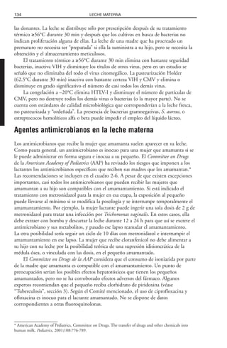 las donantes. La leche se distribuye sólo por prescripción después de su tratamiento
térmico ≥56°C durante 30 min y después que los cultivos en busca de bacterias no
indican proliferación alguna de ellas. La leche de una madre que ha procreado un
prematuro no necesita ser “preparada” si ella la suministra a su hijo, pero se necesita la
obtención y el almacenamiento meticulosos.
El tratamiento térmico a ≥56°C durante 30 min elimina con bastante seguridad
bacterias, inactiva VIH y disminuye los títulos de otros virus, pero en un estudio se
señaló que no eliminaba del todo el virus citomegálico. La pasteurización Holder
(62.5°C durante 30 min) inactiva con bastante certeza VIH y CMV y elimina o
disminuye en grado significativo el número de casi todos los demás virus.
La congelación a –20°C elimina HTLV-I y disminuye el número de partículas de
CMV, pero no destruye todos los demás virus o bacterias (o la mayor parte). No se
cuenta con estándares de calidad microbiológica que corresponderían a la leche fresca,
no pasteurizada y “ordeñada”. La presencia de bacterias gramnegativas, S. aureus, o
estreptococos hemolíticos alfa o beta puede impedir el empleo del líquido lácteo.
Agentes antimicrobianos en la leche materna
Los antimicrobianos que recibe la mujer que amamanta suelen aparecer en su leche.
Como pauta general, un antimicrobiano es inocuo para una mujer que amamanta si se
le puede administrar en forma segura e inocua a su pequeño. El Committee on Drugs
de la American Academy of Pediatrics (AAP) ha revisado los riesgos que imponen a los
lactantes los antimicrobianos específicos que reciben sus madres que los amamantan.*
Las recomendaciones se incluyen en el cuadro 2-6. A pesar de que existen excepciones
importantes, casi todos los antimicrobianos que pueden recibir las mujeres que
amamantan a su hijo son compatibles con el amamantamiento. Si está indicado el
tratamiento con metronidazol para la mujer en esa etapa, la exposición al pequeño
puede llevarse al mínimo si se modifica la posología y se interrumpe temporalmente el
amamantamiento. Por ejemplo, la mujer lactante puede ingerir una sola dosis de 2 g de
metronidazol para tratar una infección por Trichomonas vaginalis. En estos casos, ella
debe extraer con bomba y descartar la leche durante 12 a 24 h para que así se excrete el
antimicrobiano y sus metabolitos, y pasado ese lapso reanudar el amamantamiento.
La otra posibilidad sería seguir un ciclo de 10 días con metronidazol e interrumpir el
amamantamiento en ese lapso. La mujer que recibe cloranfenicol no debe alimentar a
su hijo con su leche por la posibilidad teórica de una supresión idisioncrática de la
médula ósea, o vinculada con las dosis, en el pequeño amamantado.
El Committee on Drugs de la AAP considera que el consumo de isoniazida por parte
de la madre que amamanta es compatible con el amamantamiento. Un punto de
preocupación serían los posibles efectos hepatotóxicos que tienen los pequeños
amamantados, pero no se ha corroborado efectos adversos del fármaco. Algunos
expertos recomiendan que el pequeño reciba clorhidrato de piridoxina (véase
“Tuberculosis”, sección 3). Según el Comité mencionado, el uso de ciprofloxacina y
ofloxacina es inocuo para el lactante amamantado. No se dispone de datos
correspondientes a otras fluoroquinolonas.
134 LECHE MATERNA
* American Academy of Pediatrics, Committee on Drugs. The transfer of drugs and other chemicals into
human milk. Pediatrics, 2001;108:776-789.
 