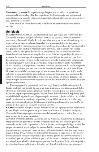 MEDIDAS PREVENTIVAS: Es importante que las personas no naden en agua dulce
contaminada, estancada y tibia. Los organismos de Acanthamoeba son resistentes al
congelamiento, la secación y las concentraciones usuales de cloro que se observan en el
agua potable y las piscinas.
Para limpiar los lentes de contacto se utilizarán únicamente soluciones salinas
estériles.
Amibiasis
MANIFESTACIONES CLÍNICAS: Los síndromes clínicos que surgen con la infección por
Entamoeba histolytica incluyen infección intestinal no invasora, amibiasis intestinal,
ameboma y absceso del hígado. La enfermedad es más grave en los niños de muy corta
edad, en los ancianos y en las embarazadas. Los sujetos con infección intestinal
incruenta pueden estar asintomáticos o tener molestias inespecíficas de vías intestinales.
Los pacientes con amibiasis intestinal (colitis amibiana) por lo común han sufrido
diarrea cada vez más grave durante una a tres semanas, que ha evolucionado desde
heces disentéricas fuertemente sanguinolentas con dolor en la parte baja del vientre y
tenesmo. Es frecuente que el niño pierda peso, y en 30% de los pacientes hay fiebre.
Los síntomas pueden persistir por largo tiempo y remedar la enteropatía inflamatoria.
El ataque progresivo del colon puede originar megacolon tóxico, colitis fulminante,
úlceras del colon y zona perianal, y en raras ocasiones, perforación. La evolución puede
aparecer en pacientes que han sido tratados inapropiadamente con corticosteroides o
fármacos antimotilidad. A veces surge un ameboma en la forma de una lesión anular
del ciego o colon ascendente que puede ser tomado erróneamente por carcinoma del
colon o por una masa extrahepática y dolorosa que remeda un absceso piógeno. Los
amebomas por lo común muestran resolución con los antiamibiásicos y no es necesario
operar en estos casos.
En una proporción pequeña de pacientes surge la enfermedad extraintestinal. El
hígado es el sitio más común de ataque en tales situaciones, pero también puede haber
afección de pulmones, espacio pleural, pericardio, encéfalo, piel y vías genitourinarias.
El absceso hepático puede ser agudo e incluir fiebre, dolor abdominal, taquipnea, gran
sensibilidad del hígado al tacto y hepatomegalia, o asumir la forma crónica, con pérdida
ponderal, síntomas abdominales imprecisos e irritabilidad. Al romperse el absceso y
vaciar su contenido al interior del abdomen o al tórax puede causar la muerte. Por lo
común no hay signos de infección intestinal reciente.
CAUSAS: Entamoeba histolytica ha sido reclasificada en dos especies que son idénticas en
su morfología, pero son protozoos genéticamente distintos. E. histolytica patógena y
Entamoeba dispar no patógena se excretan en la forma de quistes o trofozoítos en los
excrementos de personas infectadas.
ASPECTOS EPIDEMIOLÓGICOS: La distribución de Entamoeba histolytica es mundial, pero
más prevalente en personas de estrato socioeconómico bajo que viven en países en
desarrollo, en los cuales la prevalencia de la infección amibiana puede llegar a 50%. Los
grupos expuestos a mayor peligro de mostrar la infección en países desarrollados
comprenden migrantes que vienen de áreas endémicas, visitantes que por largo tiempo
llegan a dichas áreas, personas en instituciones de cuidado a largo plazo y varones que
tienen relaciones sexuales con personas de su mismo género. Entamoeba histolytica es
transmitida por los quistes amibianos, por la vía fecal-oral. Los quistes ingeridos que no
son alterados por el ácido gástrico pasan por una fase de pérdida de la cubierta quística
en el medio alcalino del intestino delgado y de ellos salen trofozoítos que infectan al
212 AMIBIASIS
 
