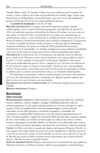 Canadá, África e India. En Estados Unidos, las zonas endémicas son los estados del
sureste y centro y algunos del medio oeste bordeando los Grandes Lagos. Puede surgir
blastomicosis en hospedadores inmunodeficientes, pero rara vez ha sido señalada en
personas infectadas con el virus de inmunodeficiencia humana.
El periodo de incubación va de 30 a 45 días.
MÉTODOS DIAGNÓSTICOS: En esputo, material de aspiración traqueal, líquido
cefalorraquídeo, orina o material de lesiones preparado con hidróxido de potasio al
10% o un colorante argéntico se identifican las formas de levadura, con una yema, de
base ancha, en forma de ocho y de pared gruesa. Los niños con neumonía que no
pueden generar esputo a veces necesitan de un método penetrante (como sería la toma
abierta de biopsia o lavado broncoalveolar) para confirmar el diagnóstico. Los gérmenes
se cultivan en medios de infusión cerebro-corazón y en dextrosa-agar de Sabouraud a
temperatura ambiente. Se cuenta con sondas de DNA quimioluminiscentes para
identificación de B. dermatitidis. Los métodos serológicos no tienen suficiente sensibilidad
y por eso se harán todos los intentos para obtener muestras apropiadas para cultivo.
TRATAMIENTO: La anfotericina B es el tratamiento más indicado contra la infección
grave o letal (véase “Fármacos contra micosis invasoras y otras de gravedad en niños”,
sección 4). Se han utilizado el itraconazol o el fluconazol ingeribles o solos contra
infecciones moderadamente graves o leves, o después de un ciclo breve de anfotericina
B. Son escasos los datos en cuanto a la inocuidad y eficacia de uno y otro productos
azólicos. El itraconazol es muy eficaz para tratar las infecciones no meníngeas ni letales
en adultos, pero no alcanza concentraciones eficaces en el líquido cefalorraquídeo.
El tratamiento con productos orales se continúa durante seis meses como mínimo,
en el caso de enfermedad pulmonar y extrapulmonar. Algunos expertos sugieren que
dure un año en el caso de sujetos con osteomielitis.
AISLAMIENTO DEL PACIENTE HOSPITALIZADO: Se recomienda cumplir las precauciones
estándar.
MEDIDAS PREVENTIVAS: Ninguna.
Borreliosis
(fiebre recurrente)
MANIFESTACIONES CLÍNICAS: La fiebre recurrente se caracteriza por fiebre alta, escalofríos
intensos, diaforesis, cefaleas, mialgias y artralgias y debilidad progresivas, todos de
comienzo repentino. A veces surgen máculas pasajeras en el tronco y petequias en piel y
mucosas. Entre las complicaciones están hepatosplenomegalia, ictericia, epistaxia,
iridociclitis, tos con dolor pleurítico, neumonitis, meningitis y miocarditis. Sin
tratamiento, un periodo febril inicial de tres a siete días termina espontáneamente con
crisis. El primer episodio es seguido de un periodo afebril que dura días o semanas, seguido
de una o más recaídas. Las recidivas en forma típica son cada vez más breves y menos
intensas al prolongarse los periodos afebriles. La infección en la embarazada suele ser grave
y a veces culmina en aborto espontáneo. nacimiento de un mortinato o infección neonatal.
CAUSAS: La fiebre recurrente es causada por algunas espiroquetas del género Borrelia. La
única especie que origina fiebre recurrente por piojos (epidémica) es Borrelia recurrentis,
y no tiene un reservorio animal. A nivel mundial, se conocen como mínimo 15 especies
de Borrelia que causan la fiebre recurrente recién mencionada, que incluyen Borrelia
hermsii y Borrelia turicatae en Estados Unidos.
ASPECTOS EPIDEMIOLÓGICOS: El piojo corporal provoca la transmisión de tipo epidémica
(Pediculus humanus), y la fiebre recurrente endémica por garrapatas es transmitida por
234 BORRELIOSIS
 