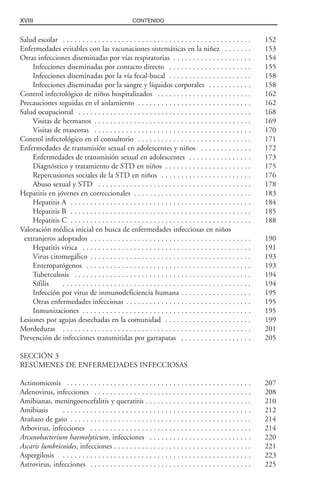 XVIII CONTENIDO
Salud escolar . . . . . . . . . . . . . . . . . . . . . . . . . . . . . . . . . . . . . . . . . . . . . . . . 152
Enfermedades evitables con las vacunaciones sistemáticas en la niñez . . . . . . . 153
Otras infecciones diseminadas por vías respiratorias . . . . . . . . . . . . . . . . . . . . 154
Infecciones diseminadas por contacto directo . . . . . . . . . . . . . . . . . . . . . 155
Infecciones diseminadas por la vía fecal-bucal . . . . . . . . . . . . . . . . . . . . . 158
Infecciones diseminadas por la sangre y líquidos corporales . . . . . . . . . . . 158
Control infectológico de niños hospitalizados . . . . . . . . . . . . . . . . . . . . . . . . 162
Precauciones seguidas en el aislamiento . . . . . . . . . . . . . . . . . . . . . . . . . . . . . 162
Salud ocupacional . . . . . . . . . . . . . . . . . . . . . . . . . . . . . . . . . . . . . . . . . . . . 168
Visitas de hermanos . . . . . . . . . . . . . . . . . . . . . . . . . . . . . . . . . . . . . . . . 169
Visitas de mascotas . . . . . . . . . . . . . . . . . . . . . . . . . . . . . . . . . . . . . . . . 170
Control infectológico en el consultorio . . . . . . . . . . . . . . . . . . . . . . . . . . . . . 171
Enfermedades de transmisión sexual en adolescentes y niños . . . . . . . . . . . . . 172
Enfermedades de transmisión sexual en adolescentes . . . . . . . . . . . . . . . . 173
Diagnóstico y tratamiento de STD en niños . . . . . . . . . . . . . . . . . . . . . . 175
Repercusiones sociales de la STD en niños . . . . . . . . . . . . . . . . . . . . . . . 176
Abuso sexual y STD . . . . . . . . . . . . . . . . . . . . . . . . . . . . . . . . . . . . . . . 178
Hepatitis en jóvenes en correccionales . . . . . . . . . . . . . . . . . . . . . . . . . . . . . . 183
Hepatitis A . . . . . . . . . . . . . . . . . . . . . . . . . . . . . . . . . . . . . . . . . . . . . . 184
Hepatitis B . . . . . . . . . . . . . . . . . . . . . . . . . . . . . . . . . . . . . . . . . . . . . . 185
Hepatitis C . . . . . . . . . . . . . . . . . . . . . . . . . . . . . . . . . . . . . . . . . . . . . . 188
Valoración médica inicial en busca de enfermedades infecciosas en niños
extranjeros adoptados . . . . . . . . . . . . . . . . . . . . . . . . . . . . . . . . . . . . . . . . . 190
Hepatitis vírica . . . . . . . . . . . . . . . . . . . . . . . . . . . . . . . . . . . . . . . . . . . 191
Virus citomegálico . . . . . . . . . . . . . . . . . . . . . . . . . . . . . . . . . . . . . . . . . 193
Enteropatógenos . . . . . . . . . . . . . . . . . . . . . . . . . . . . . . . . . . . . . . . . . . 193
Tuberculosis . . . . . . . . . . . . . . . . . . . . . . . . . . . . . . . . . . . . . . . . . . . . . 194
Sífilis . . . . . . . . . . . . . . . . . . . . . . . . . . . . . . . . . . . . . . . . . . . . . . . . 194
Infección por virus de inmunodeficiencia humana . . . . . . . . . . . . . . . . . . 195
Otras enfermedades infecciosas . . . . . . . . . . . . . . . . . . . . . . . . . . . . . . . . 195
Inmunizaciones . . . . . . . . . . . . . . . . . . . . . . . . . . . . . . . . . . . . . . . . . . . 195
Lesiones por agujas desechadas en la comunidad . . . . . . . . . . . . . . . . . . . . . . 199
Mordeduras . . . . . . . . . . . . . . . . . . . . . . . . . . . . . . . . . . . . . . . . . . . . . . . . 201
Prevención de infecciones transmitidas por garrapatas . . . . . . . . . . . . . . . . . . 205
SECCIÓN 3
RESÚMENES DE ENFERMEDADES INFECCIOSAS
Actinomicosis . . . . . . . . . . . . . . . . . . . . . . . . . . . . . . . . . . . . . . . . . . . . . . . 207
Adenovirus, infecciones . . . . . . . . . . . . . . . . . . . . . . . . . . . . . . . . . . . . . . . . 208
Amibianas, meningoencefalitis y queratitis . . . . . . . . . . . . . . . . . . . . . . . . . . . 210
Amibiasis . . . . . . . . . . . . . . . . . . . . . . . . . . . . . . . . . . . . . . . . . . . . . . . . 212
Arañazo de gato . . . . . . . . . . . . . . . . . . . . . . . . . . . . . . . . . . . . . . . . . . . . . . 214
Arbovirus, infecciones . . . . . . . . . . . . . . . . . . . . . . . . . . . . . . . . . . . . . . . . . 214
Arcanobacterium haemolyticum, infecciones . . . . . . . . . . . . . . . . . . . . . . . . . . 220
Ascaris lumbricoides, infecciones . . . . . . . . . . . . . . . . . . . . . . . . . . . . . . . . . . . 221
Aspergilosis . . . . . . . . . . . . . . . . . . . . . . . . . . . . . . . . . . . . . . . . . . . . . . . . 223
Astrovirus, infecciones . . . . . . . . . . . . . . . . . . . . . . . . . . . . . . . . . . . . . . . . . 225
 