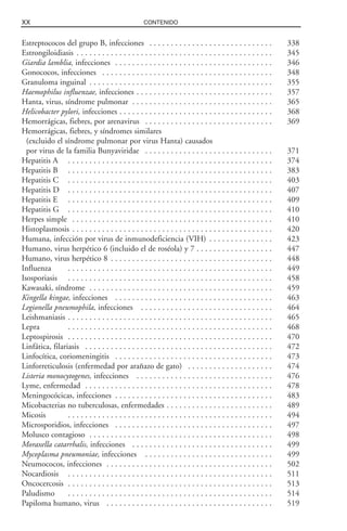 XX CONTENIDO
Estreptococos del grupo B, infecciones . . . . . . . . . . . . . . . . . . . . . . . . . . . . . 338
Estrongiloidiasis . . . . . . . . . . . . . . . . . . . . . . . . . . . . . . . . . . . . . . . . . . . . . . 345
Giardia lamblia, infecciones . . . . . . . . . . . . . . . . . . . . . . . . . . . . . . . . . . . . . 346
Gonococos, infecciones . . . . . . . . . . . . . . . . . . . . . . . . . . . . . . . . . . . . . . . . 348
Granuloma inguinal . . . . . . . . . . . . . . . . . . . . . . . . . . . . . . . . . . . . . . . . . . . 355
Haemophilus influenzae, infecciones . . . . . . . . . . . . . . . . . . . . . . . . . . . . . . . . 357
Hanta, virus, síndrome pulmonar . . . . . . . . . . . . . . . . . . . . . . . . . . . . . . . . . 365
Helicobacter pylori, infecciones . . . . . . . . . . . . . . . . . . . . . . . . . . . . . . . . . . . . 368
Hemorrágicas, fiebres, por arenavirus . . . . . . . . . . . . . . . . . . . . . . . . . . . . . . 369
Hemorrágicas, fiebres, y síndromes similares
(excluido el síndrome pulmonar por virus Hanta) causados
por virus de la familia Bunyaviridae . . . . . . . . . . . . . . . . . . . . . . . . . . . . . . 371
Hepatitis A . . . . . . . . . . . . . . . . . . . . . . . . . . . . . . . . . . . . . . . . . . . . . . . . 374
Hepatitis B . . . . . . . . . . . . . . . . . . . . . . . . . . . . . . . . . . . . . . . . . . . . . . . . 383
Hepatitis C . . . . . . . . . . . . . . . . . . . . . . . . . . . . . . . . . . . . . . . . . . . . . . . . 403
Hepatitis D . . . . . . . . . . . . . . . . . . . . . . . . . . . . . . . . . . . . . . . . . . . . . . . . 407
Hepatitis E . . . . . . . . . . . . . . . . . . . . . . . . . . . . . . . . . . . . . . . . . . . . . . . . 409
Hepatitis G . . . . . . . . . . . . . . . . . . . . . . . . . . . . . . . . . . . . . . . . . . . . . . . . 410
Herpes simple . . . . . . . . . . . . . . . . . . . . . . . . . . . . . . . . . . . . . . . . . . . . . . . 410
Histoplasmosis . . . . . . . . . . . . . . . . . . . . . . . . . . . . . . . . . . . . . . . . . . . . . . . 420
Humana, infección por virus de inmunodeficiencia (VIH) . . . . . . . . . . . . . . . 423
Humano, virus herpético 6 (incluido el de roséola) y 7 . . . . . . . . . . . . . . . . . . 447
Humano, virus herpético 8 . . . . . . . . . . . . . . . . . . . . . . . . . . . . . . . . . . . . . . 448
Influenza . . . . . . . . . . . . . . . . . . . . . . . . . . . . . . . . . . . . . . . . . . . . . . . . 449
Isosporiasis . . . . . . . . . . . . . . . . . . . . . . . . . . . . . . . . . . . . . . . . . . . . . . . . 458
Kawasaki, síndrome . . . . . . . . . . . . . . . . . . . . . . . . . . . . . . . . . . . . . . . . . . . 459
Kingella kingae, infecciones . . . . . . . . . . . . . . . . . . . . . . . . . . . . . . . . . . . . . 463
Legionella pneumophila, infecciones . . . . . . . . . . . . . . . . . . . . . . . . . . . . . . . 464
Leishmaniasis . . . . . . . . . . . . . . . . . . . . . . . . . . . . . . . . . . . . . . . . . . . . . . . . 465
Lepra . . . . . . . . . . . . . . . . . . . . . . . . . . . . . . . . . . . . . . . . . . . . . . . . 468
Leptospirosis . . . . . . . . . . . . . . . . . . . . . . . . . . . . . . . . . . . . . . . . . . . . . . . . 470
Linfática, filariasis . . . . . . . . . . . . . . . . . . . . . . . . . . . . . . . . . . . . . . . . . . . . 472
Linfocítica, coriomeningitis . . . . . . . . . . . . . . . . . . . . . . . . . . . . . . . . . . . . . 473
Linforreticulosis (enfermedad por arañazo de gato) . . . . . . . . . . . . . . . . . . . . 474
Listeria monocytogenes, infecciones . . . . . . . . . . . . . . . . . . . . . . . . . . . . . . . . 476
Lyme, enfermedad . . . . . . . . . . . . . . . . . . . . . . . . . . . . . . . . . . . . . . . . . . . . 478
Meningocócicas, infecciones . . . . . . . . . . . . . . . . . . . . . . . . . . . . . . . . . . . . . 483
Micobacterias no tuberculosas, enfermedades . . . . . . . . . . . . . . . . . . . . . . . . . 489
Micosis . . . . . . . . . . . . . . . . . . . . . . . . . . . . . . . . . . . . . . . . . . . . . . . . 494
Microsporidios, infecciones . . . . . . . . . . . . . . . . . . . . . . . . . . . . . . . . . . . . . 497
Molusco contagioso . . . . . . . . . . . . . . . . . . . . . . . . . . . . . . . . . . . . . . . . . . . 498
Moraxella catarrhalis, infecciones . . . . . . . . . . . . . . . . . . . . . . . . . . . . . . . . . 499
Mycoplasma pneumoniae, infecciones . . . . . . . . . . . . . . . . . . . . . . . . . . . . . . 499
Neumococos, infecciones . . . . . . . . . . . . . . . . . . . . . . . . . . . . . . . . . . . . . . . 502
Nocardiosis . . . . . . . . . . . . . . . . . . . . . . . . . . . . . . . . . . . . . . . . . . . . . . . . 511
Oncocercosis . . . . . . . . . . . . . . . . . . . . . . . . . . . . . . . . . . . . . . . . . . . . . . . . 513
Paludismo . . . . . . . . . . . . . . . . . . . . . . . . . . . . . . . . . . . . . . . . . . . . . . . . 514
Papiloma humano, virus . . . . . . . . . . . . . . . . . . . . . . . . . . . . . . . . . . . . . . . 519
 