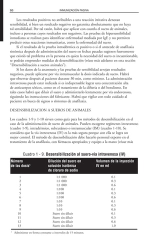 Los resultados positivos no atribuibles a una reacción irritativa denotan
sensibilidad, si bien un resultado negativo no garantiza absolutamente que no haya
tal sensibilidad. Por tal razón, habrá que aplicar con cautela el suero de animales,
incluso a personas cuyos resultados son negativos. Las pruebas de hipersensibilidad
inmediatas se realizan para identificar enfermedad mediada por IgE y no permiten
predecir otras reacciones inmunitarias, como la enfermedad del suero.
Si el resultado de la prueba intradérmica es positivo o si el antecede de anafilaxia
sistémica después de administración del suero en fechas pasadas sugieren fuertemente
que existió tal problema en la persona en quien la necesidad del suero es incuestionable,
se podrán emprender medidas de desensibilización (véase más adelante en esta sección
“Desensibilización a sueros animales”).
Si los datos de la anamnesis y las pruebas de sensibilidad arrojan resultados
negativos, puede aplicarse por vía intramuscular la dosis indicada de suero. Habrá
que observar después al paciente durante 30 min, como mínimo. La administración
intravenosa puede estar indicada si es indispensable lograr una concentración alta
de anticuerpos séricos, como en el tratamiento de la difteria o del botulismo. En
tales casos habrá que diluir el suero y administrarlo lentamente por vía endovenosa,
siguiendo las instrucciones del fabricante. Habrá que vigilar con todo cuidado al
paciente en busca de signos o síntomas de anafilaxia.
DESENSIBILIZACION A SUEROS DE ANIMALES
Los cuadros 1-9 y 1-10 sirven como guía para los métodos de desensibilización en el
caso de la administración de suero de animales. Pueden escogerse regímenes intravenoso
(cuadro 1-9), intradérmico, subcutáneo o intramuscular (IM) (cuadro 1-10). Se
considera que la vía intravenosa (IV) es la más segura porque con ella se logra un
mejor control. El método de desensibilización debe hacerlo personal experto en el
tratamiento de la anafilaxia, con fármacos apropiados y equipo a la mano (véase más
66 INMUNIZACIÓN PASIVA
Cuadro 1 - 9. Desensibilización al suero-vía intravenosa (IV)
1 1:1 000 0.1
2 1:1 000 0.3
3 1:1 000 0.6
4 1:100 0.1
5 1:100 0.3
6 1:100 0.6
7 1:10 0.1
8 1:10 0.3
9 1:10 0.6
10 Suero sin diluir 0.1
11 Suero sin diluir 0.3
12 Suero sin diluir 0.6
13 Suero sin diluir 1.0
1
Administrar en forma constante a intervalos de 15 minutos.
Número Dilución del suero en Volumen de la inyección
de las dosis1
solución isotónica IV en ml
de cloruro de sodio
 