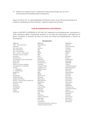13. Registro de cualquier hecho u observación relevante que tenga que ver con el
funcionamiento del establecimiento farmacéutico.
Según el Artículo 42° es responsabilidades del Director técnico de las oficinas farmacéuticas el
mantener actualizados los libros oficiales o registros electrónicos de datos.
Lista de estupefacientes y psicotrópicos.
Según el DECRETO SUPREMO Nº 023-2001-SA “Reglamento de estupefacientes, psicotrópicos y
otras sustancias sujetas a fiscalización sanitaria”, en su anexo 02, encontramos unas listas que se
deben considerar al momento de llenar los Libros de Control de Estupefacientes y Control de
Psicotrópicos.
Estupefacientes
LISTA I A
1. acetil – alfa metil fentanil
2. acetorfina
3. alfa- metil fentanil
4. alfa-metiltiofentanil
5. beta – hidroxifentanil
6. beta – hidroxi 3- metil fentanil
7. Cannabis, resinas y aceites
esenciales
8. Cetobemidona
9. Concentrado de paja de adormidera
10. Desomorfina
11. Dipipanona
12. Plantas y extractos vegetales
susceptibles de uso indebido
13. Heroína
14. 3 – metilfentanil
15. 3 – metiltiofentanil.
16. Metazocina
17. MPPP
18. Norpipadona
19. Parafluorofentanil
20. Papaver Somniferum
21. PEPAP ( 1-fenetil-4-fenil-4-acetato de
piperidinol (éster))
22. Pimidona
23. Piritramida
24. Proheptacina
25. Properidina
26. Tilidina
27. Tiofentanilo
LISTA I B
1. Brolanfetamina
2. 2-CB
3. Catinona
4. DET
5. DMA
6. DMHP
7. DMT
8. DOET
9. Eticiclina
10. Etriptamina
11. Fenmetracina
12. Fendimetracina
13. Fenetidina
14. Lefetamina, SPA
15. Lisergida, LSD
16. 4-Metil aminorex
17. 4-MTA
18. MDA
19. MDMA
20. Meclocualona
21. Mescalina
22. Metacualona
23. Metanfetamina
24. Metcatinona
25. MMDA
26. n-etil MDA
27. n-hidroxi MDA
28. Noticiclina
29. Parahexilo
30. PHP, PCPY
31. PMA
32. Psilocibina
33. Psilocina, Psilotsina
34. Roliciclidina
35. STP, DOM
36. Tenociclidina
37. Tetrahidrocannabinoles, isómeros y
variantes estereoquímicas.
LISTA II A
1. Cocaína
2. Dextromoramida
3. Fentanilo
4. Levorfanol
5. Metadona
6. Morfina
7. Opio
8. Oxicodona
9. Petidina
10. Remifentanilo
11. Sufentanilo
LISTA II B
1. Codeína
2. Acetildihidrocodeína
3. Dextropropoxifeno
4. Difenoxilato
5. Difenoxina
6. Dihidrocodeina
7. Etilmorfina
8. Folcodina
9. Nicocodina
10. Nicodicodina
11. Norcodeína
12. Hidrocodona
13. Propiramo
LISTA IV A
Preparados de:
1. Acetildihidrocodeína
2. Codeína
3. Dihidrocodeína
4. Etilmorfina
5. Folcodina
6. Hidrocodona
7. Nicocodina
8. Nicodicodina
9. Norcodeína
 