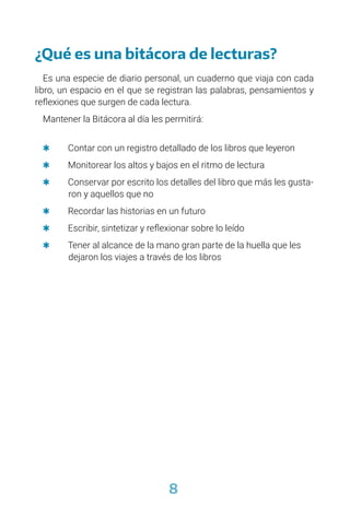 8
¿Qué es una bitácora de lecturas?
Es una especie de diario personal, un cuaderno que viaja con cada
libro, un espacio en el que se registran las palabras, pensamientos y
reflexiones que surgen de cada lectura.
Mantener la Bitácora al día les permitirá:
	
Q Contar con un registro detallado de los libros que leyeron
	
Q Monitorear los altos y bajos en el ritmo de lectura
	
Q Conservar por escrito los detalles del libro que más les gusta-	
ron y aquellos que no
	
Q Recordar las historias en un futuro
	
Q Escribir, sintetizar y reflexionar sobre lo leído
	
Q Tener al alcance de la mano gran parte de la huella que les 	
dejaron los viajes a través de los libros
 
