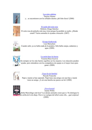 Los siete cabritos
Tareixa Alonso
y... se encontraron con los afilados dientes ¡del lobo feroz! (2008)
El sueño del osito rosa
Roberto Aliaga Sánchez
El osito rosa de peluche está muy triste porque ha perdido su sueño. ¿Dónde
estará? Varios animales le ayudan a buscarlo. (2007)
El topo Grabowski
Luis Murschetz
Cuando salió, ya no había nada de la pradera. Sólo había zanjas, andamios y
agua. (2008)
La unión hace la fuerza
Victoria Pérez Escrivá
No siempre ser los más fuertes significa ser los mejores. Los músculos pueden
ayudar, pero entenderse con los compañeros de equipo es el mejor truco para
ganar. (2008)
¡Vaya lío de familia!
Pascale Francotte
Papá y mamá se han separado. Papá tiene una amiga con una hija y mamá
tiene un amigo. ¡A mí esta familia me parece un lío! (2008)
¡Ves al revés!
Jeanne Willis
¿Doña Murciélago está loca? Los demás animales creen que sí. No distingue lo
de arriba de lo de abajo. Pero si se cuelgan del árbol como ella... ¡qué sorpresa!
(2008)
 