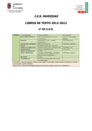 I.E.S. MURIEDAS

                  LIBROS DE TEXTO 2012-2013

                                      1º DE E.S.O.

1º ESO     C. NATURALEZA                 Proyecto ADARVE                    ED. OXFORD
           EDUCACIÓN PLÁSTICA           EDUCACIÓN PLÁSTICA Y VISUAL         ED. S.M. (*)Ver cuadro
                                         (1er Ciclo Eso)                    final pg.
           FRANCÉS                      ESSENTIEL-1 LIVRE + CAHIER          ED. SANTILLANA
                                        D'EXERCICES
           GEOGRAFÍA E HISTORIA         PROYECTO ADARVE                     EDITORIAL OXFORD
           INGLÉS                       PENDIENTE PARA SEP.- BILINGÜE
           LENGUA Y LITERATURA          LENGUA CASTELLANA Y LITERATURA      EDITORIAL S.M.
           MATEMÁTICAS                   ANAYA (TRIMESTRALES)               ED. ANAYA
           MÚSICA NO BILINGÜES          Sin libro
           MÚSICA BILINGÜES             ACTIVITY WORKBOOK “ A WORLD OF      EDITORIAL MARFIL
                                        SOUNDS B”(NO EL LIBRO DE TEXTO,
                                        SÓLO EL DE ACTIVIDADES)
           RELIGIÓN                     Sin libro
           TALLER DE CO.                MATERIAL ELABORADO P0R EL DTO.
                                        EN SEPTIEMBRE
(*)PLÁSTICA Material obligatorio: COMPÁS, ESCUADRA Y CARTABÓN, LÁPIZ 2H, PILOT NEGRO 0,5, LÁPICES
DE COLORES Y ROTULADORES)
DURANTE EL CURSO SE LES PEDIRÁ OTROS MATERIALES COMO CARTULINAS, TÉMPERAS,….
 