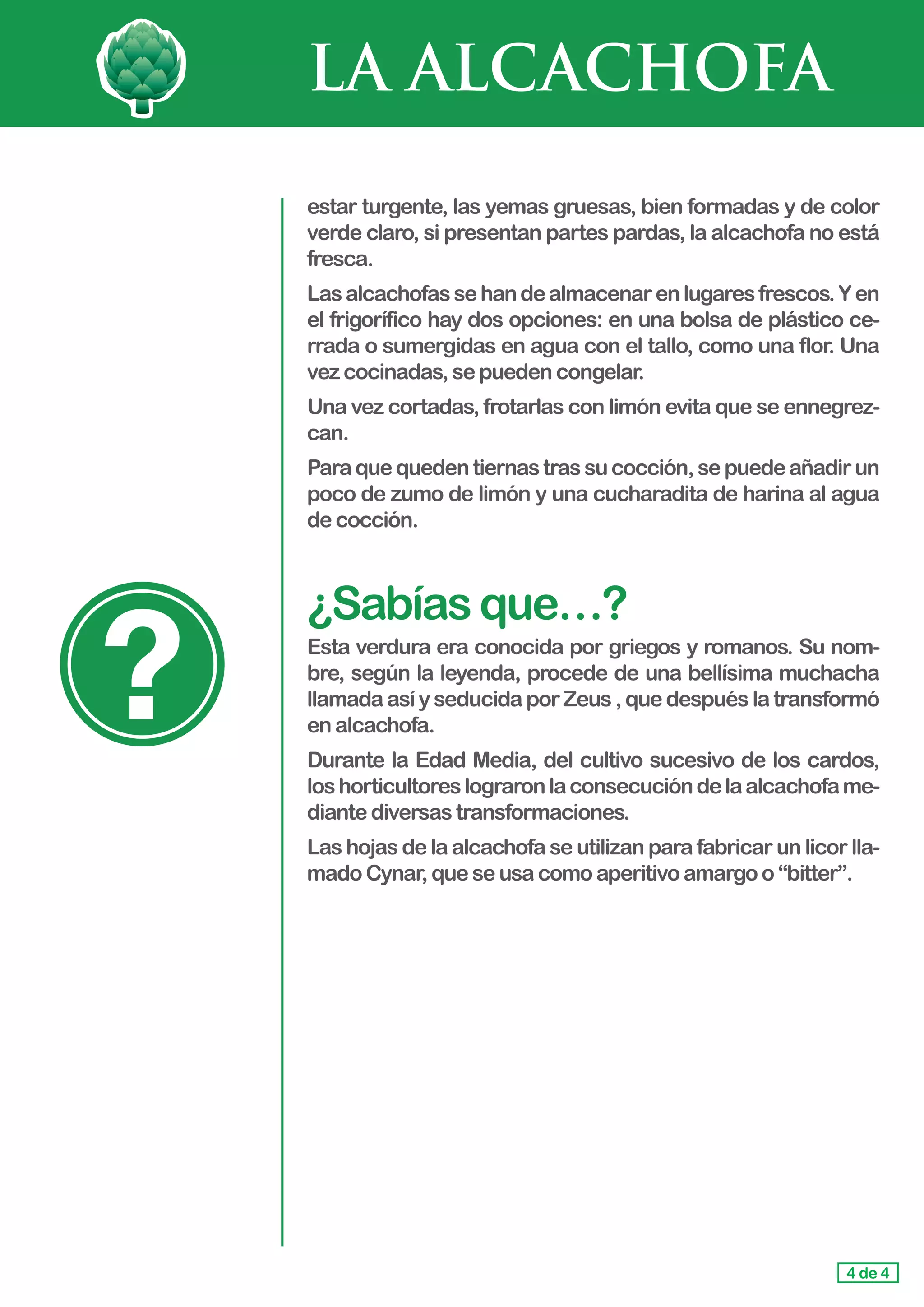 LA ALCACHOFA
4 de 4
estar turgente, las yemas gruesas, bien formadas y de color
verde claro, si presentan partes pardas, la alcachofa no está
fresca.
Lasalcachofassehandealmacenarenlugaresfrescos.Yen
el frigorífico hay dos opciones: en una bolsa de plástico ce-
rrada o sumergidas en agua con el tallo, como una flor. Una
vezcocinadas,sepuedencongelar.
Una vez cortadas, frotarlas con limón evita que se ennegrez-
can.
Paraquequedentiernastrassucocción,sepuedeañadirun
poco de zumo de limón y una cucharadita de harina al agua
decocción.
¿Sabíasque…?
Esta verdura era conocida por griegos y romanos. Su nom-
bre, según la leyenda, procede de una bellísima muchacha
llamadaasíyseducidaporZeus,quedespuéslatransformó
en alcachofa.
Durante la Edad Media, del cultivo sucesivo de los cardos,
loshorticultoreslograronlaconsecucióndelaalcachofame-
diantediversastransformaciones.
Las hojas de la alcachofa se utilizan para fabricar un licor lla-
mado Cynar,queseusacomoaperitivoamargoo“bitter”.
 