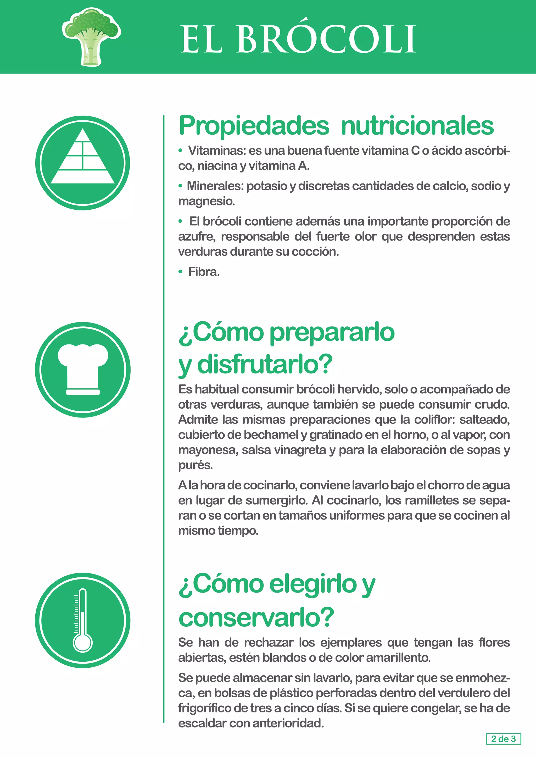 EL BRÓCOLI
Propiedades	 nutricionales
• 	Vitaminas:esunabuenafuentevitaminaCoácidoascórbi-
co, niacinayvitaminaA.
• Minerales:potasioydiscretascantidadesdecalcio,sodioy
magnesio.
•	 El brócoli contiene además una importante proporción de
azufre, responsable del fuerte olor que desprenden estas
verduras durantesucocción.
•	 Fibra.
¿Cómoprepararlo				
ydisfrutarlo?
Es habitual consumir brócoli hervido, solo o acompañado de
otras verduras, aunque también se puede consumir crudo.
Admite las mismas preparaciones que la coliflor: salteado,
cubiertodebechamelygratinadoenelhorno,oalvapor,con
mayonesa, salsa vinagreta y para la elaboración de sopas y
purés.
Alahoradecocinarlo,convienelavarlobajoelchorrodeagua
en lugar de sumergirlo. Al cocinarlo, los ramilletes se sepa-
ranosecortanentamañosuniformesparaquesecocinenal
mismo tiempo.
¿Cómoelegirloy
conservarlo?
Se han de rechazar los ejemplares que tengan las flores
abiertas,esténblandosodecoloramarillento.
Sepuedealmacenarsinlavarlo,paraevitarqueseenmohez-
ca, en bolsas de plástico perforadas dentro del verdulero del
frigoríficodetresacincodías.Sisequierecongelar,sehade
escaldar conanterioridad.
2 de 3
 